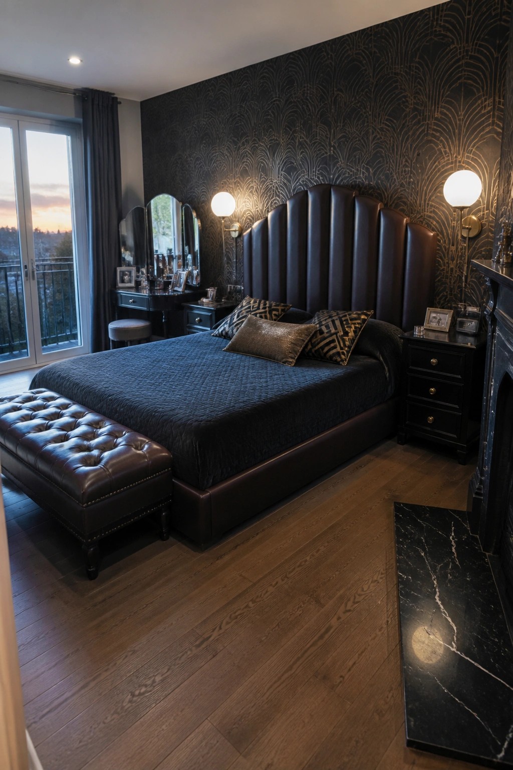 Luxurious dark bedroom with tall tufted leather headboard, Art Deco wallpaper, and tufted bench.