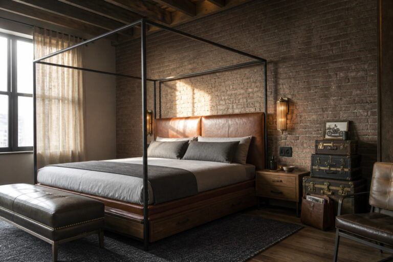 25 Luxurious Dark Masculine Bedrooms Centered Around Rich Leather Details A four-poster bed with a brown leather headboard, dark gray bedding, and a matching leather bench at the foot sits in a brick-walled bedroom with wood floors.