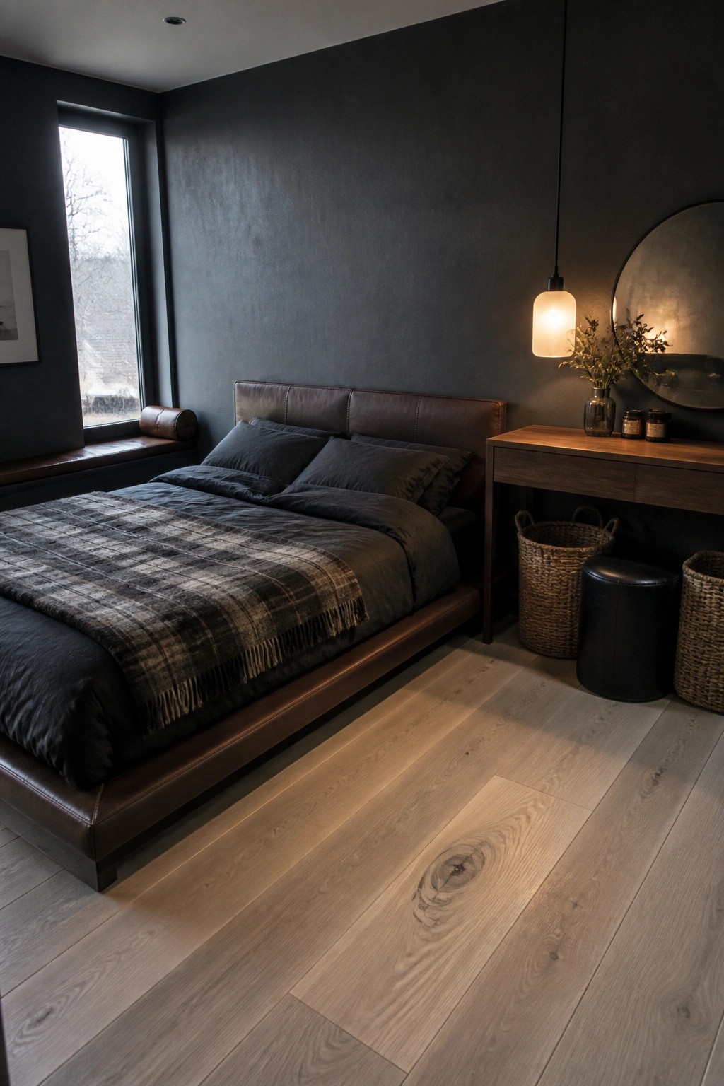 A dark bedroom features a low leather bed with a plaid throw, dark bedding, and a wooden console table against a charcoal wall with a round mirror and hanging light.
