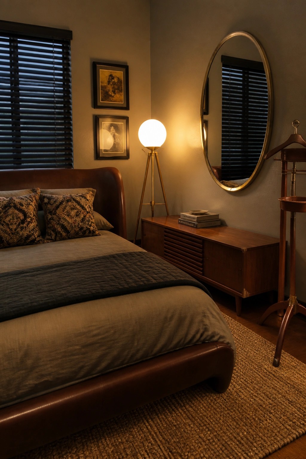 A bedroom with a brown leather bed, wooden dresser, oval mirror, and tripod floor lamp with a glowing globe.