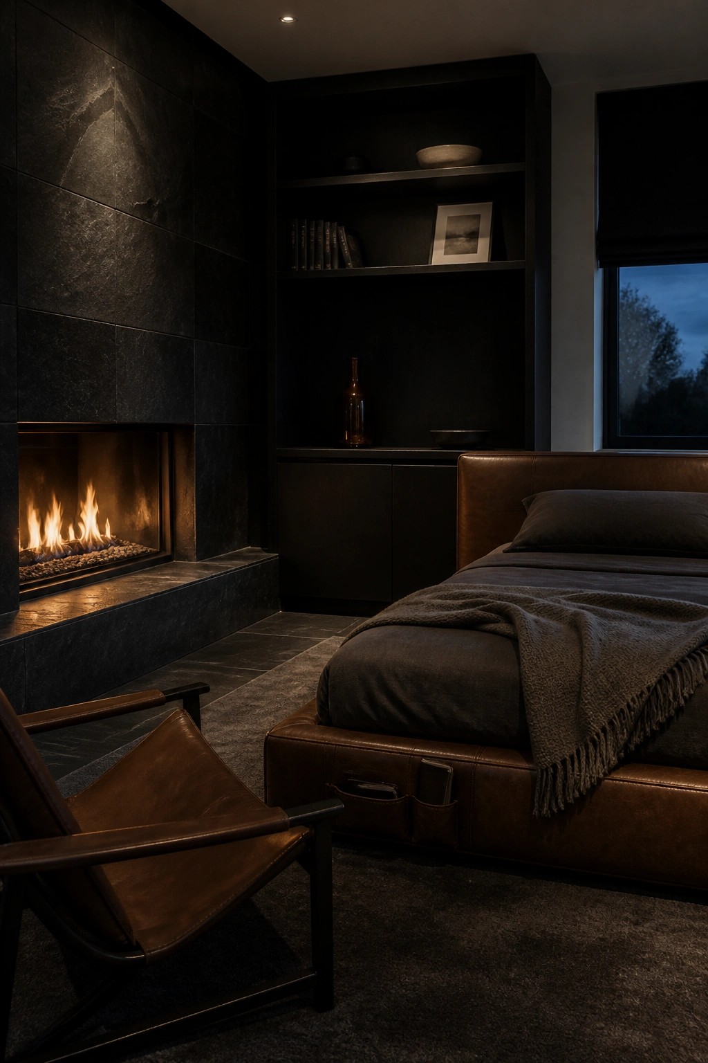 A dark bedroom with a brown leather bed, matching leather chair, fireplace with dark tile, and built-in black shelves.