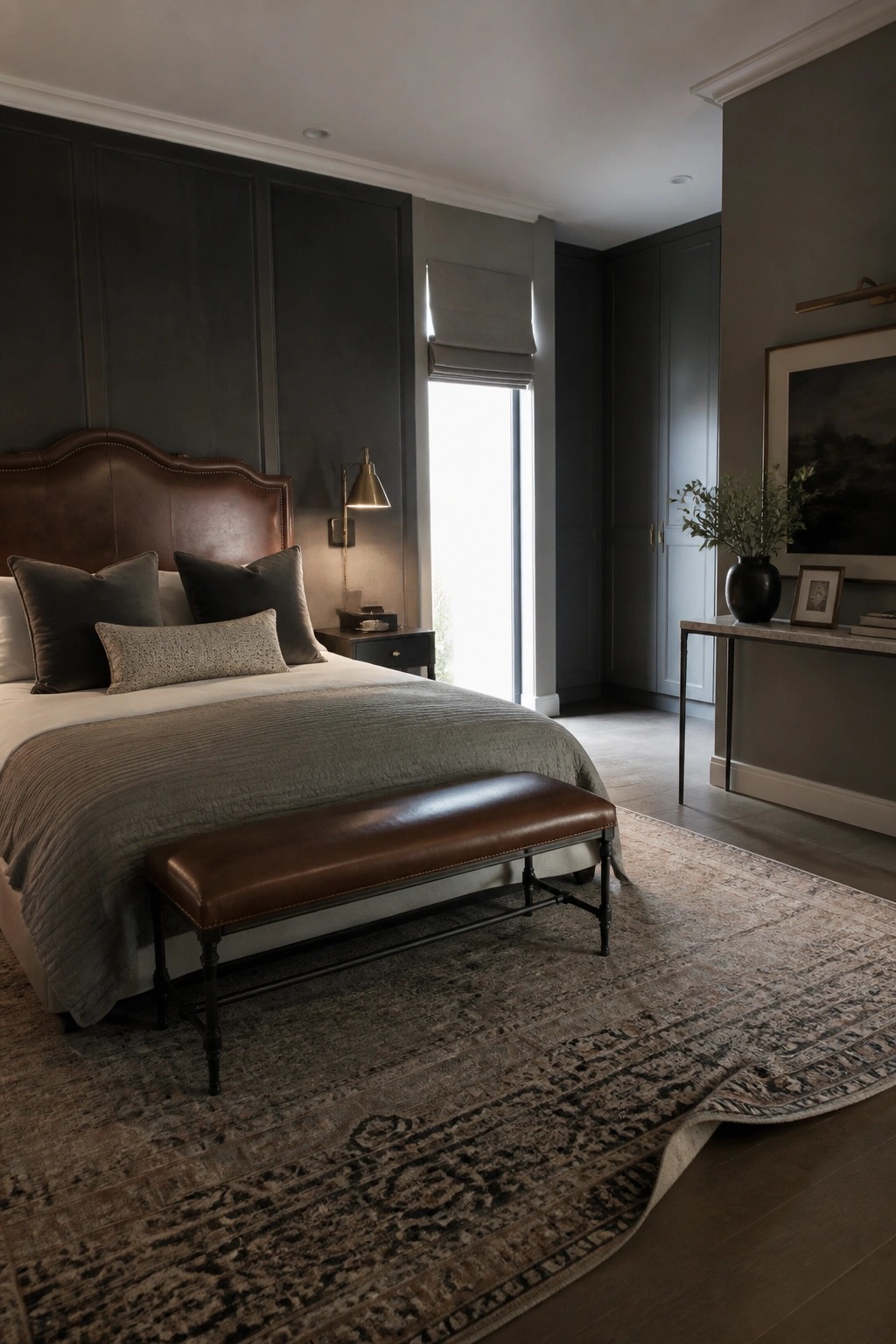 A bedroom featuring dark gray walls, a brown leather headboard, gray bedding, a brown leather bench at the foot of the bed, and a large patterned rug.