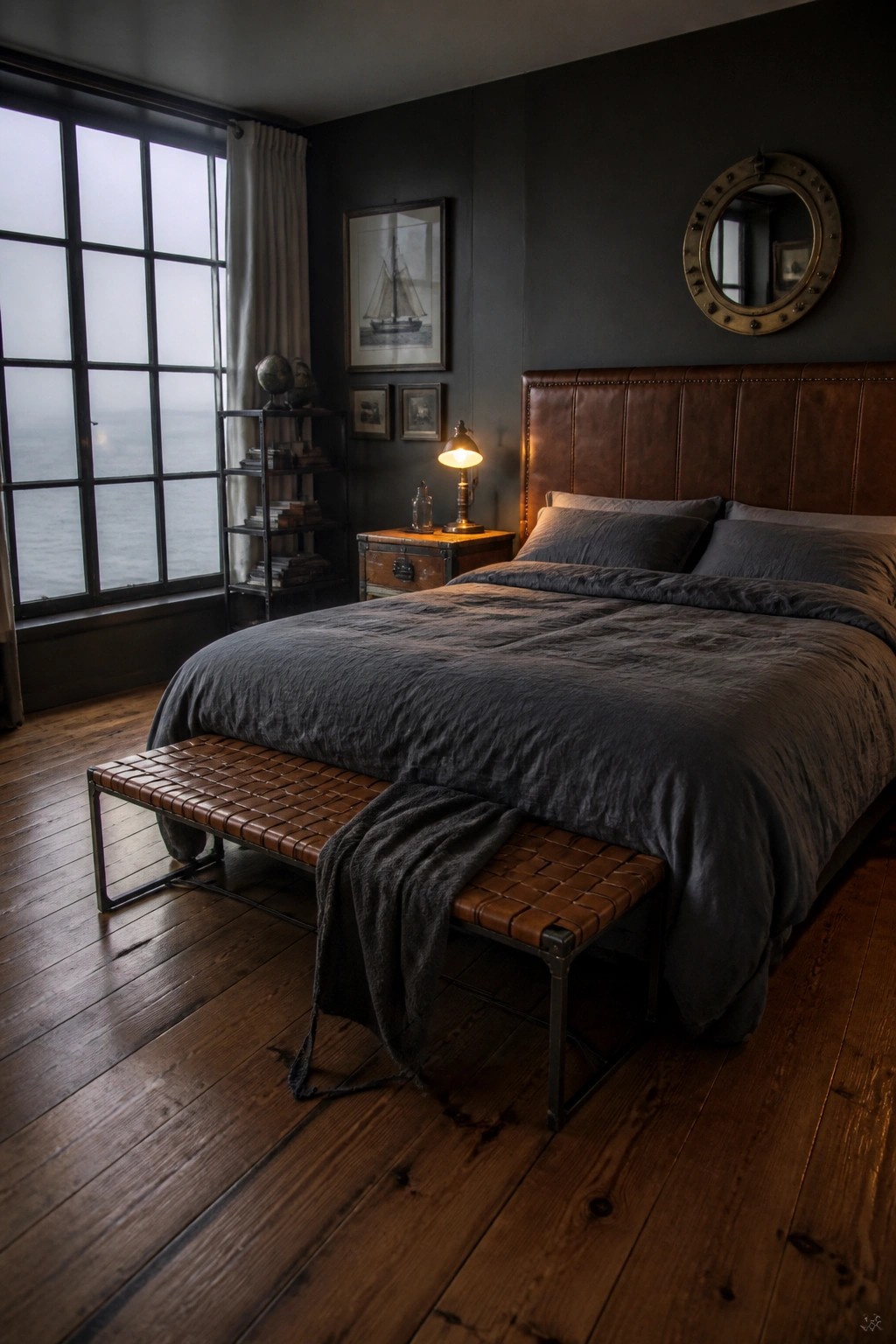 Dark bedroom with leather bed, woven benches, ocean-view window, and nautical decor.