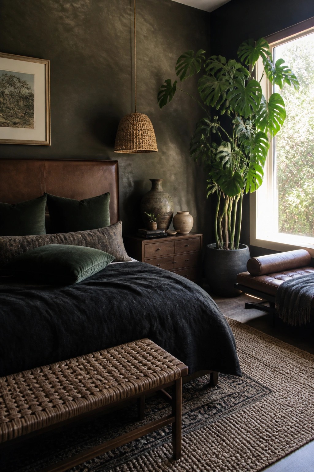 A dark bedroom featuring a brown leather headboard, dark bedding, a woven bench, wooden nightstand, and a large potted plant beside a window.