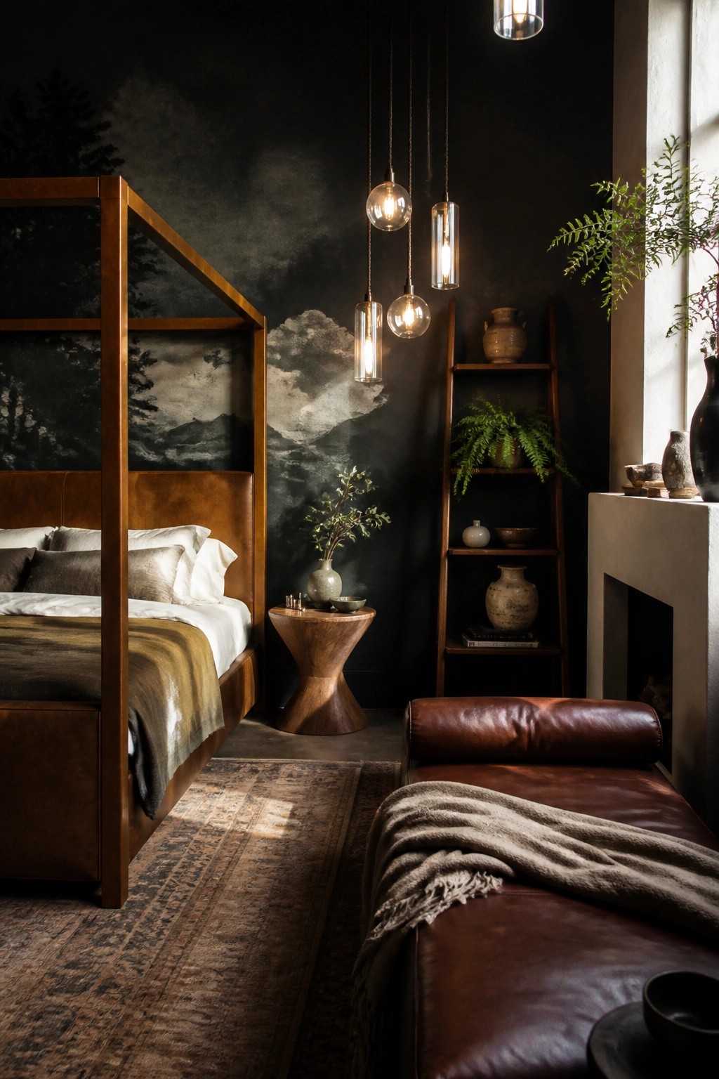 A bedroom featuring a wooden four-poster bed with a brown leather headboard, a dark leather chaise lounge at the foot of the bed, hanging glass pendant lights, and a wooden ladder shelf against a dark mural wall.
