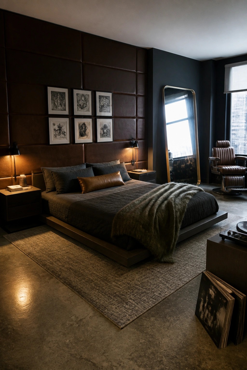 A bedroom with a large bed set against a padded brown leather wall, several framed artworks above the bed, dark bedding, and a tall mirror to the right.