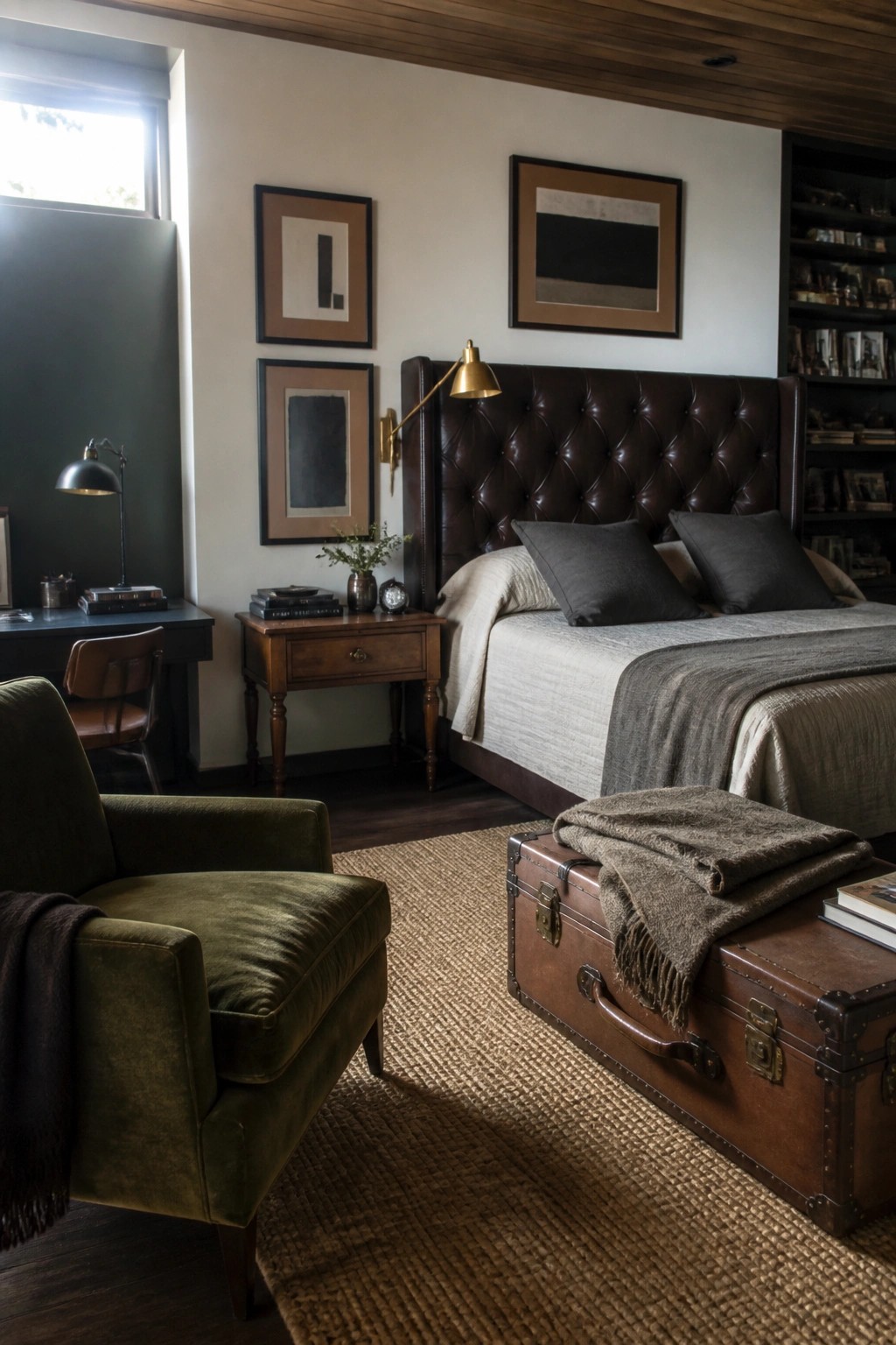 A bedroom with a large tufted brown leather headboard, gray bedding, a wooden trunk at the foot of the bed, and a green armchair in the foreground.
