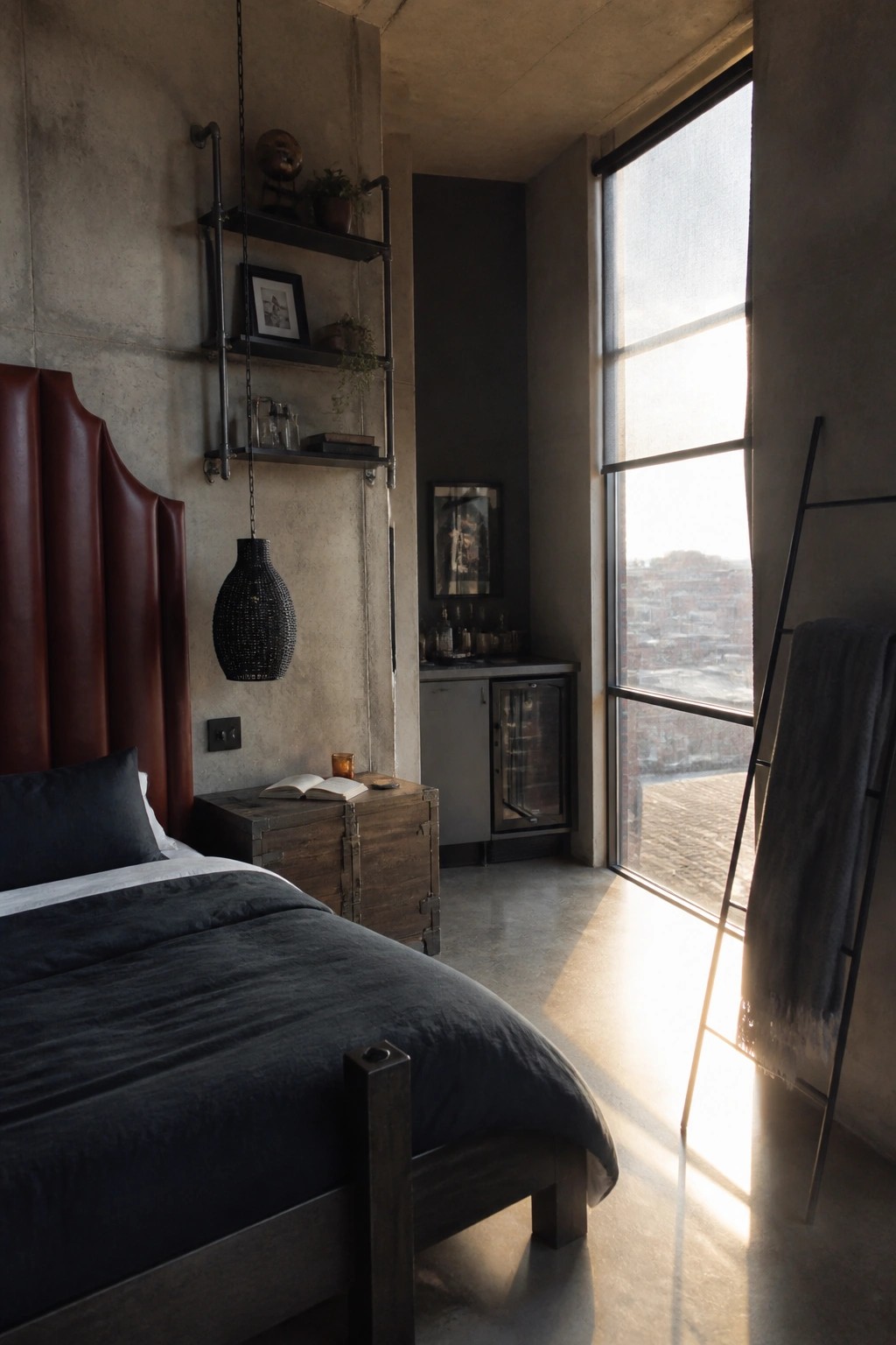 A bedroom with a dark bed and tall burgundy leather headboard set against a concrete wall with industrial pipe shelving and a large window.