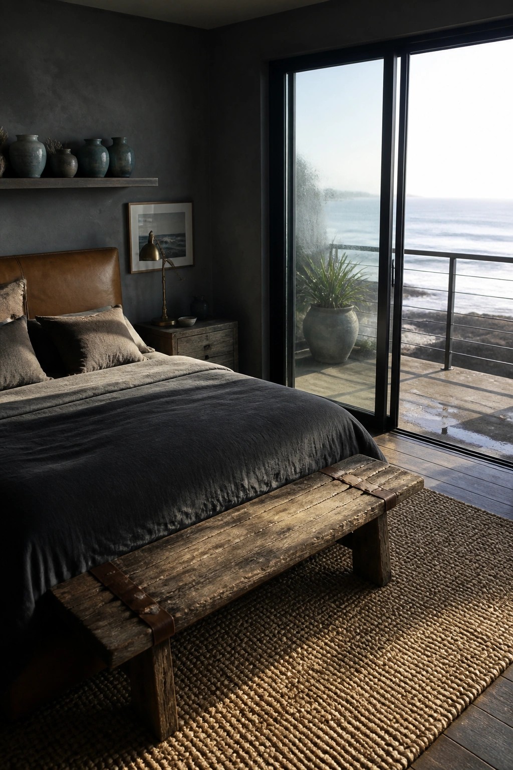 A bedroom with a brown leather headboard, dark bedding, a wooden bench at the foot of the bed, and a large sliding glass door opening to the ocean.