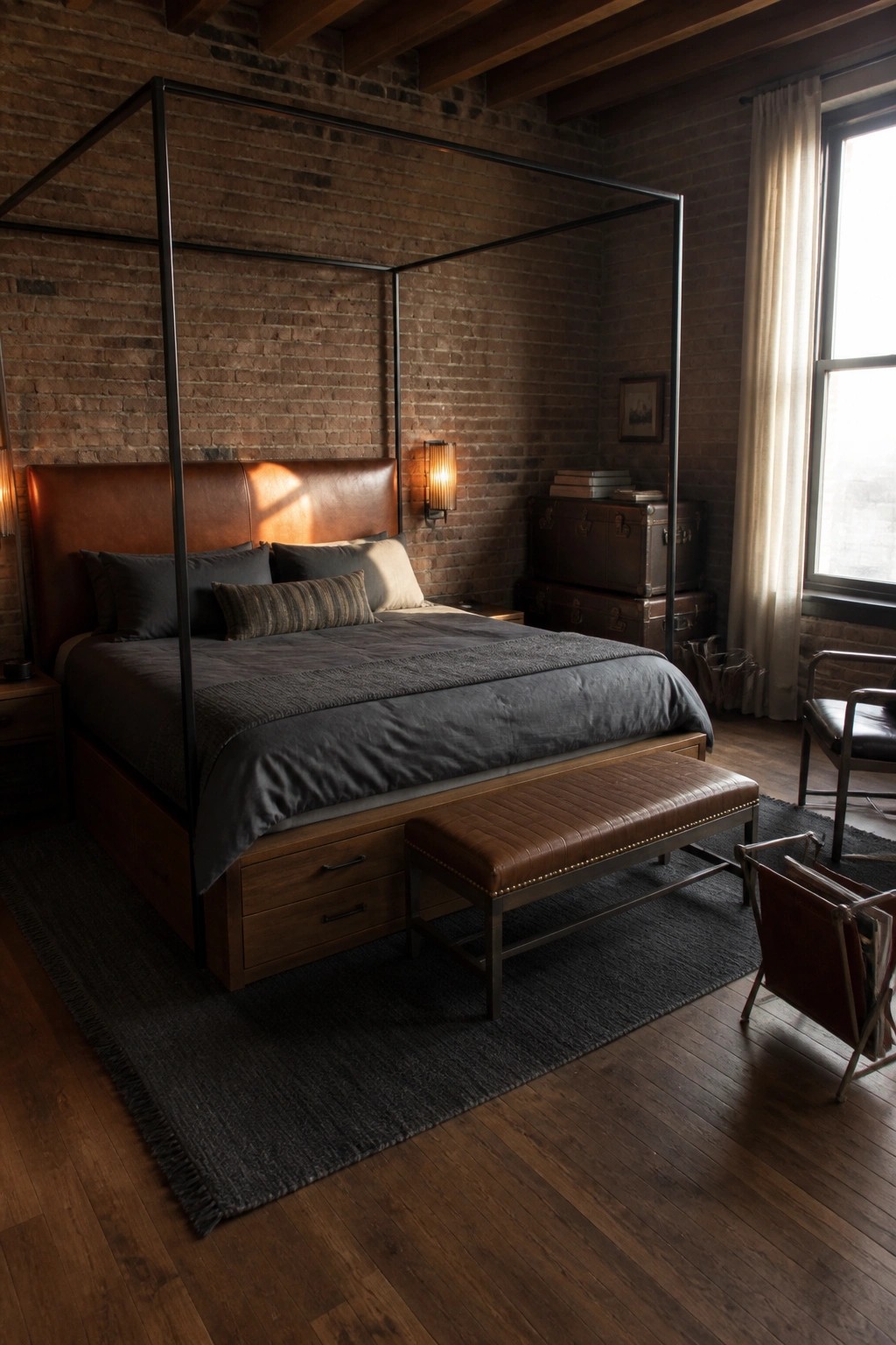 A four-poster bed with a brown leather headboard, dark gray bedding, and a matching leather bench at the foot sits in a brick-walled bedroom with wood floors.