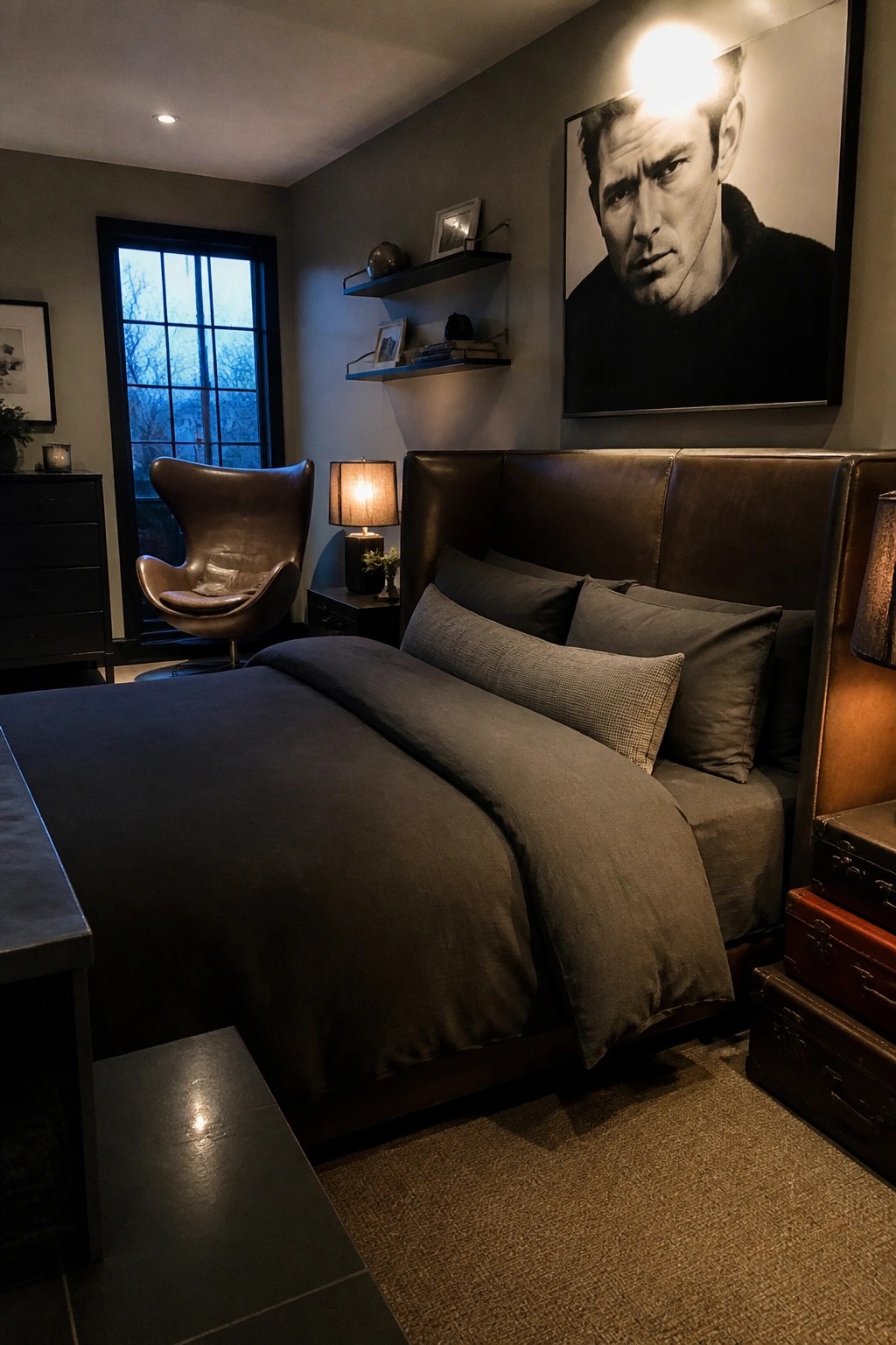 A bedroom with a large bed featuring a dark brown leather headboard, gray bedding, a brown leather armchair, floating shelves, and a large black and white portrait above the bed.