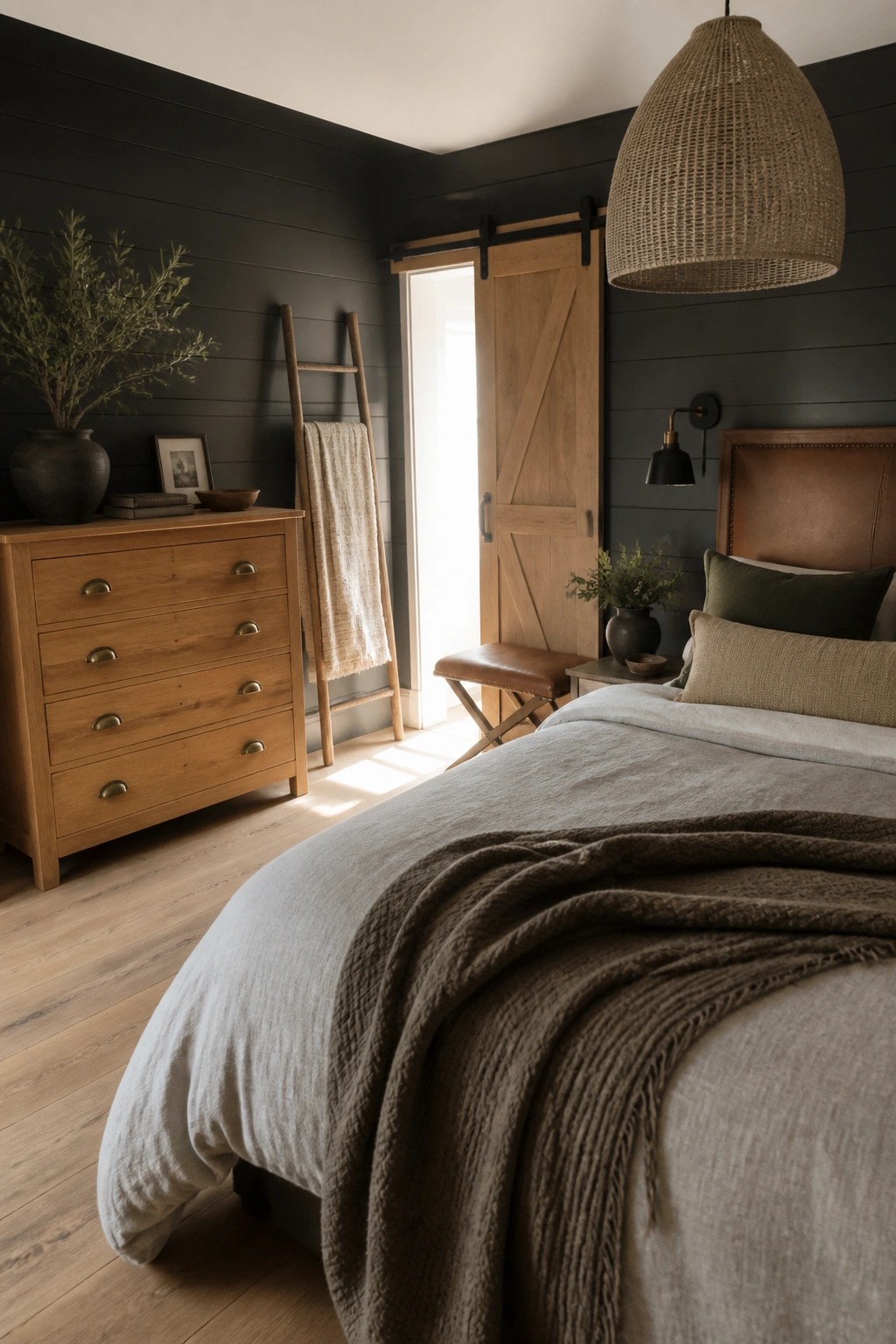A bedroom with dark walls features a bed with a brown leather headboard, gray bedding, a wooden dresser, and a woven pendant light.
