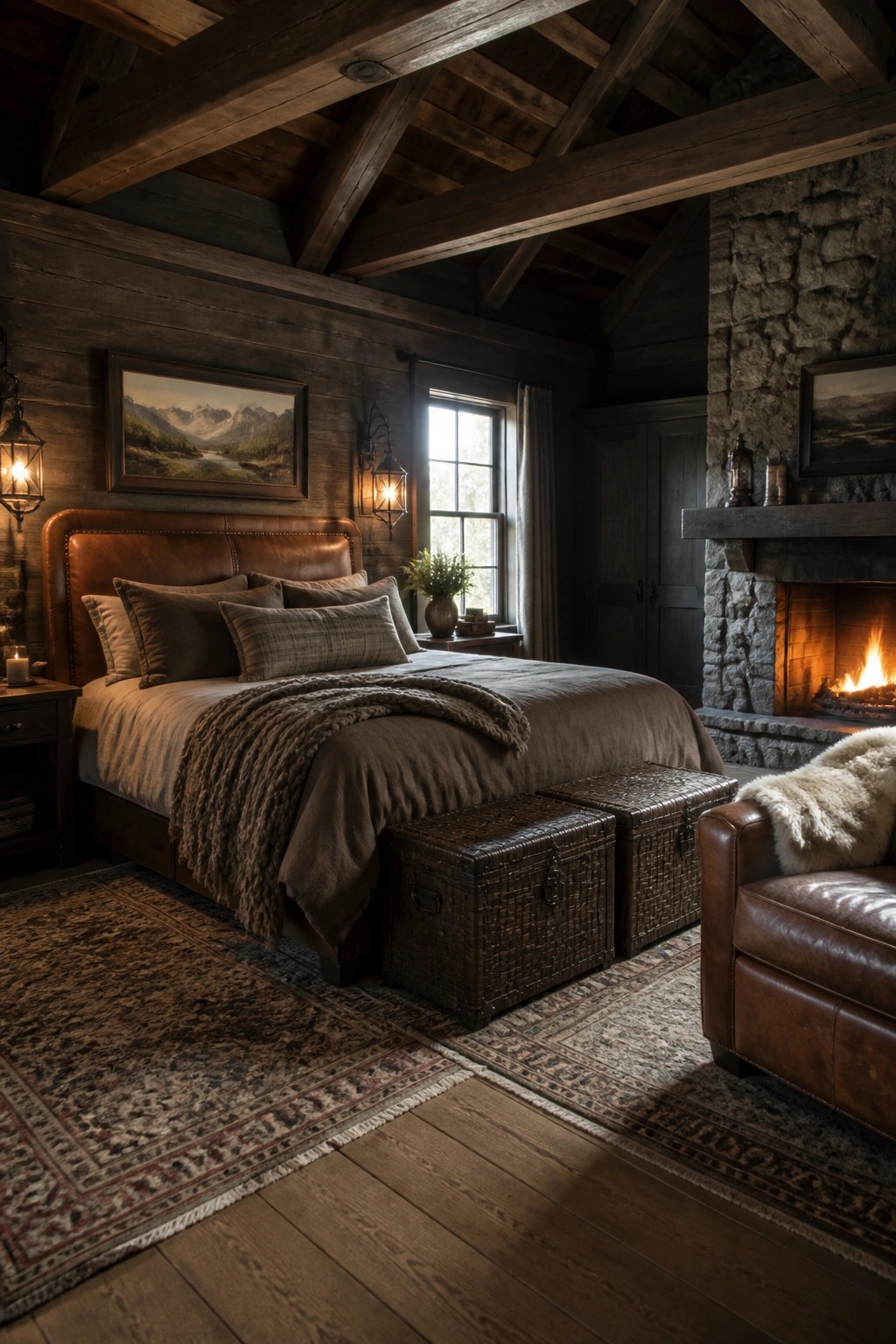 A bedroom with a large brown leather headboard on a bed dressed in neutral linens, dark wood walls and ceiling beams, a stone fireplace, and patterned rugs on the floor.