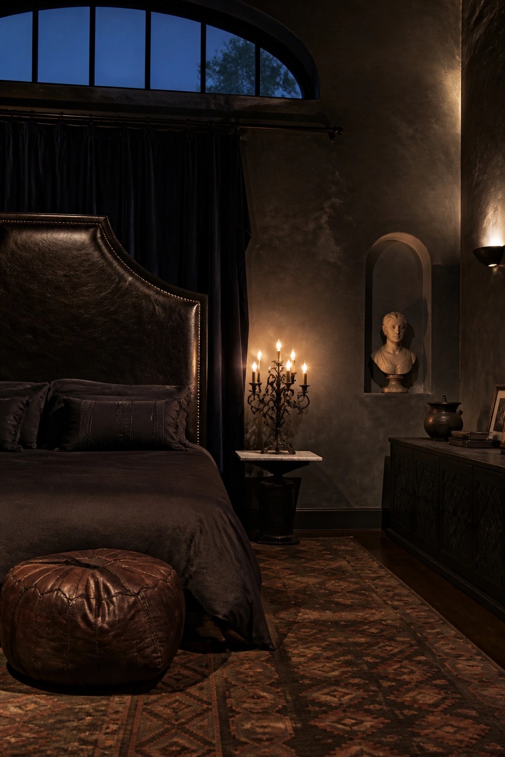Dark bedroom with leather bed, lit candelabra, bust sculpture, and patterned rug.