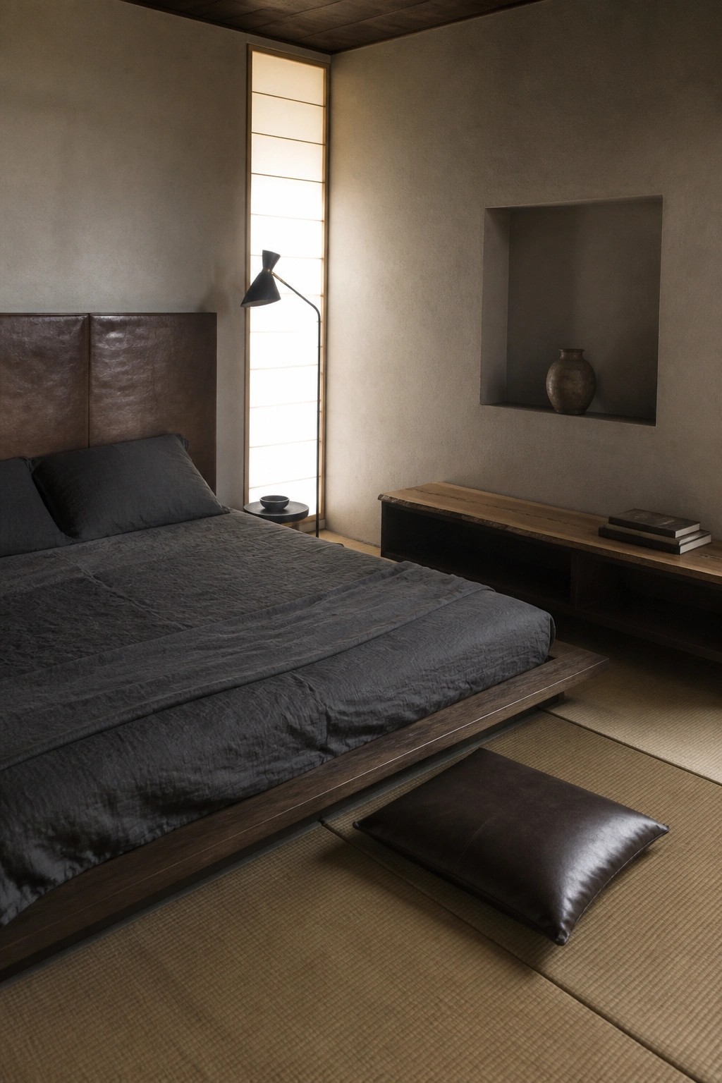 A minimalist dark bedroom with a low wooden platform bed, brown leather headboard, dark linens, a black floor lamp, and a leather cushion on tatami mats beside a recessed wall niche.