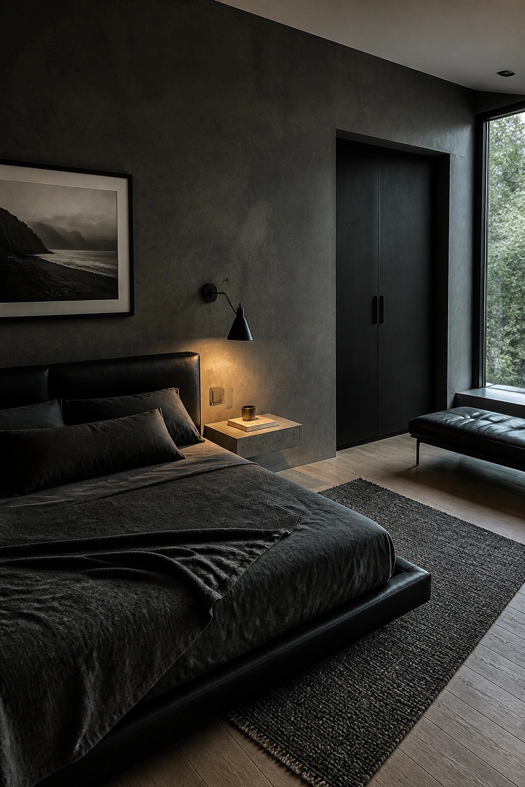 Dark modern bedroom with black bed, floating nightstand, wall sconce, and large artwork