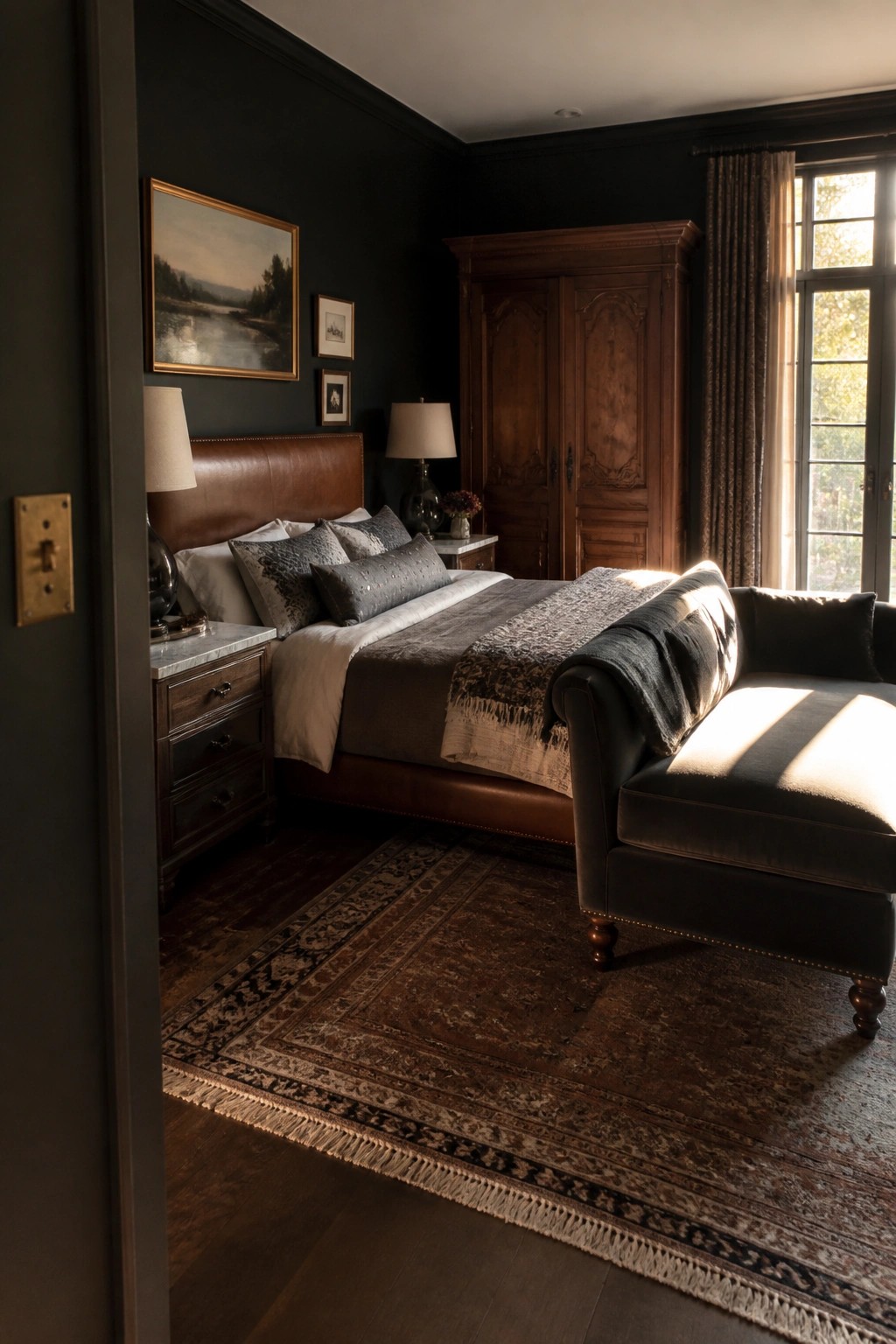A dark bedroom with a brown leather headboard bed, a matching leather chaise lounge, wooden nightstands, and a large wardrobe against black walls.