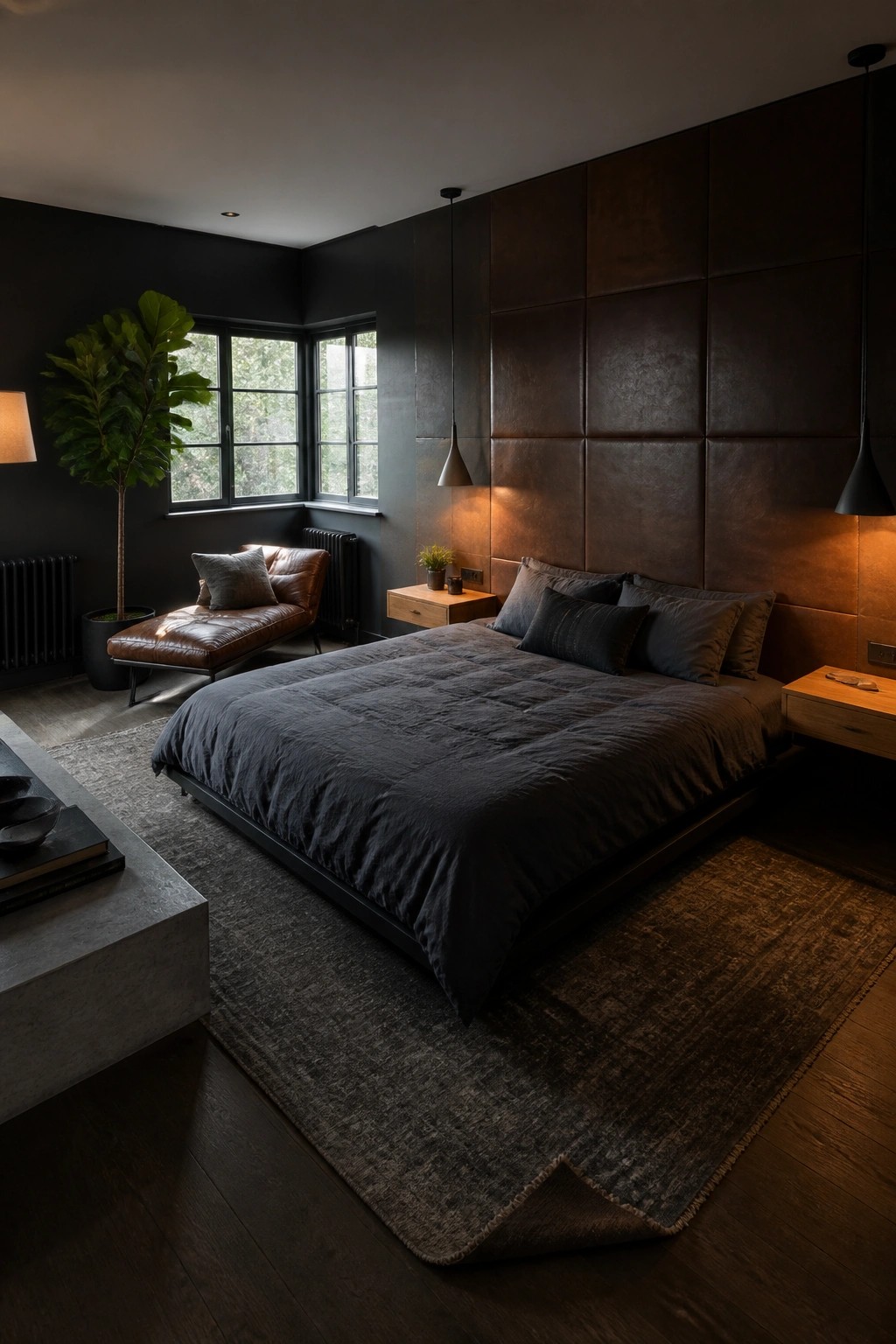 Dark modern bedroom with large bed, tufted leather headboard, and fiddle-leaf fig plant.