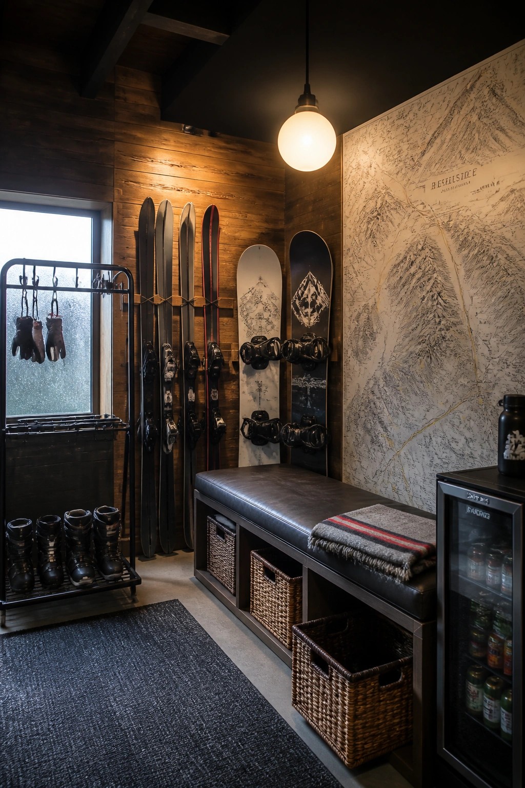 Interior view of a wood-paneled room with skis and snowboards mounted on the wall, a black leather bench with woven baskets below it, and a large map print on the adjacent wall.