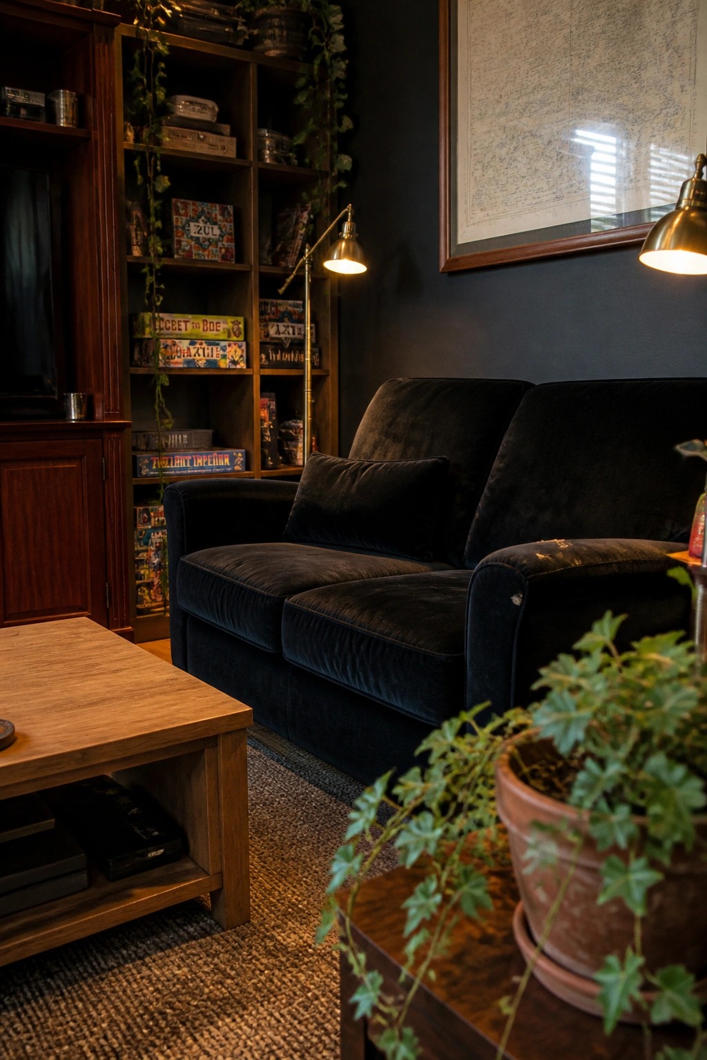 A room with dark walls, a black velvet sofa, wooden built-in shelves holding board games, a wooden coffee table, and several potted plants.