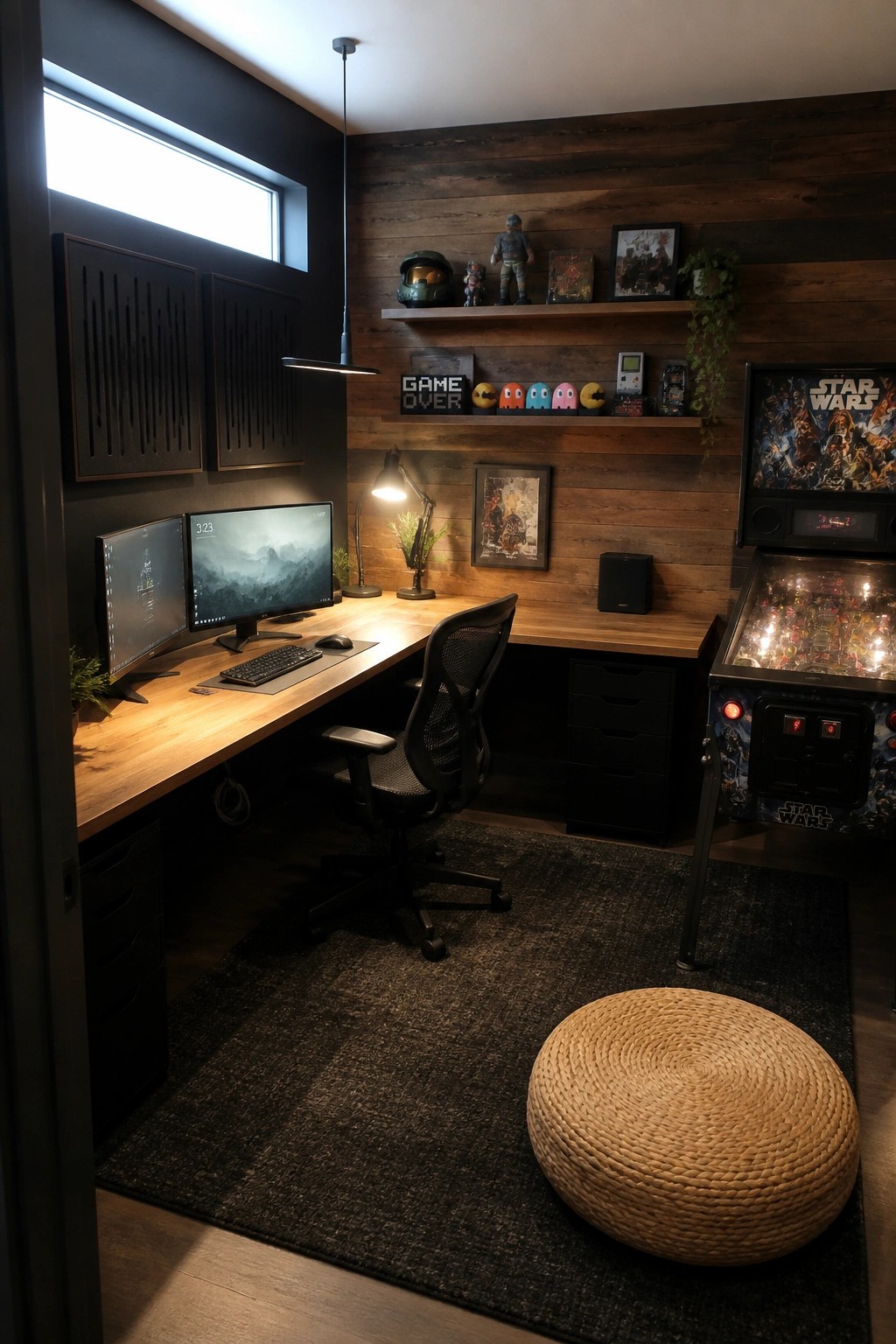 Dark wood gaming office with dual monitors, ergonomic chair, collectibles, and Star Wars pinball machine.