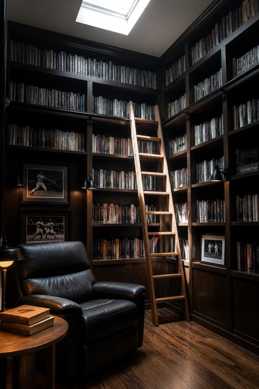 Dark wood library with leather armchair, rolling ladder, bookshelves, and skylight.