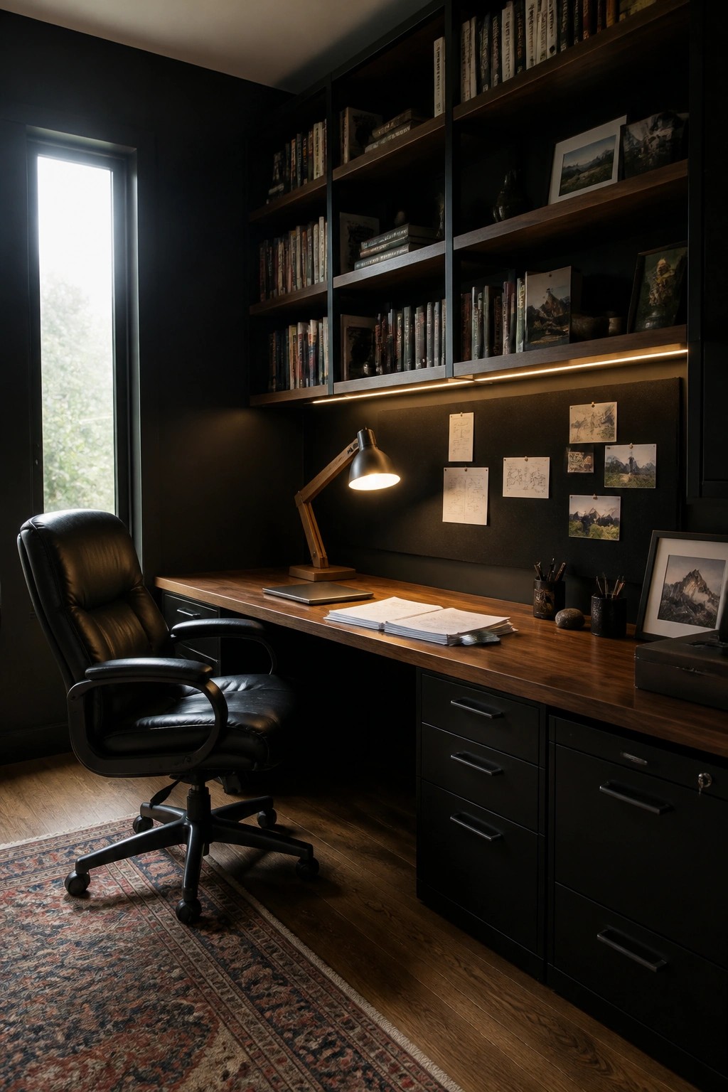 A home office featuring a long wooden desk beneath built-in dark bookshelves, with a black leather office chair and a lit desk lamp.