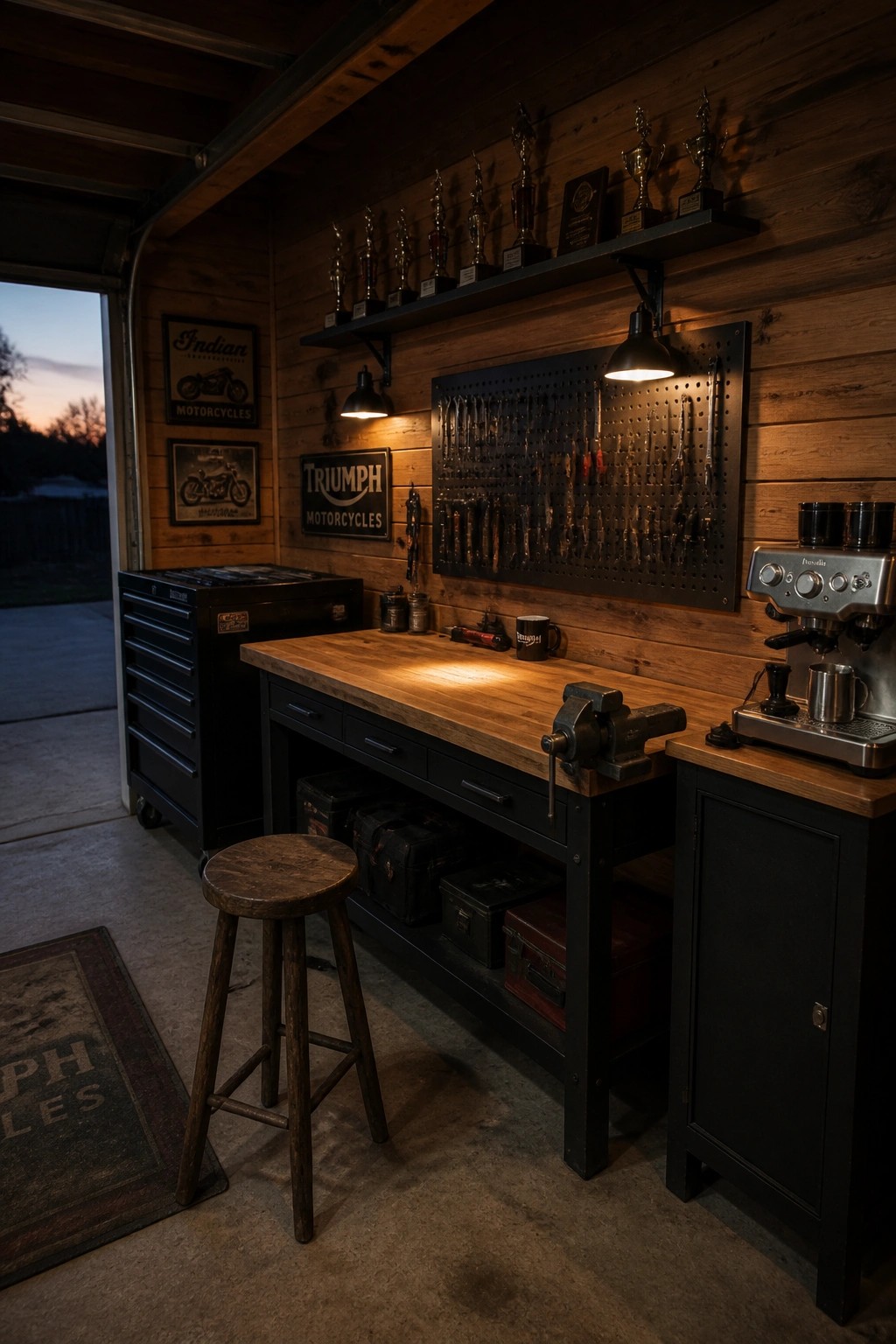 A garage workshop with a large wooden workbench on a black frame, a black tool chest, a pegboard of tools on the wall, and shelves holding trophies.