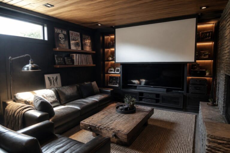 24 Modern Man Cave Ideas in Matte Black and Warm Natural Wood Interior view of a modern man cave with matte black walls, wood ceiling and shelving, black leather sofa, wooden coffee table, and large projection screen.