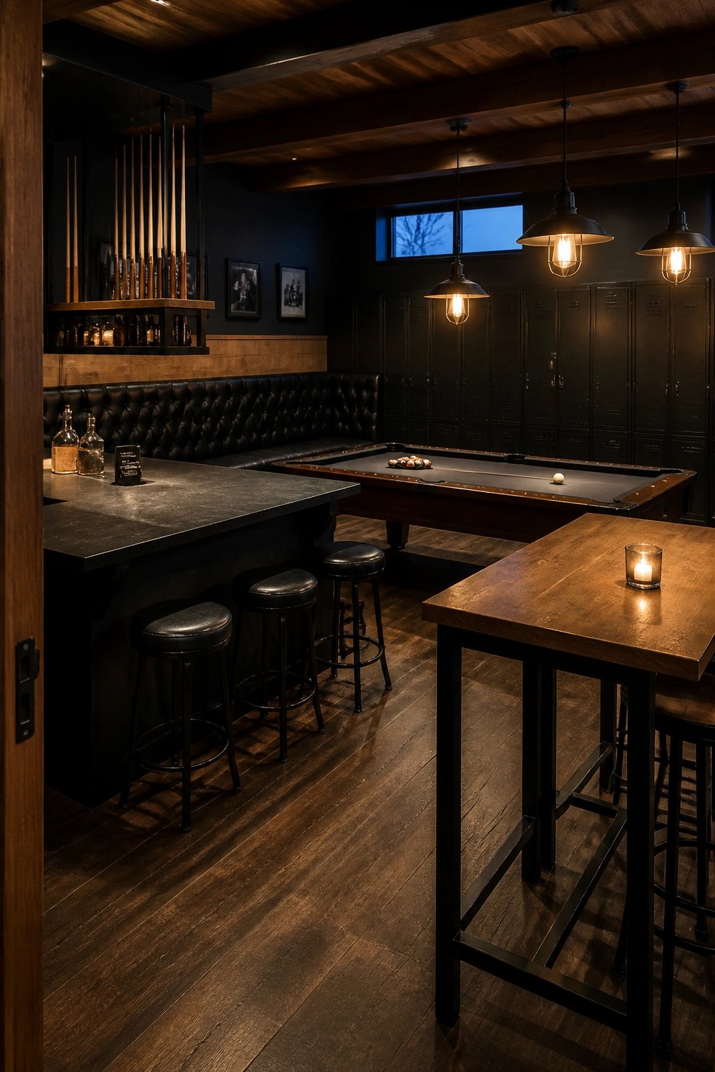 Dark lounge with pool table, wooden tables, black stools, tufted booth, and pendant lights