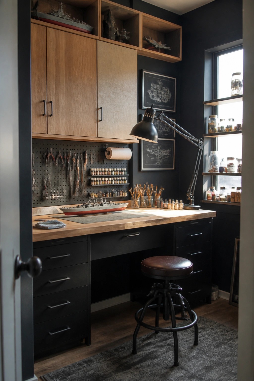 A home workshop features a long wooden desk with black cabinets below, a black pegboard wall holding tools and paint bottles, model ships on shelves, and a black adjustable desk lamp over the workspace.