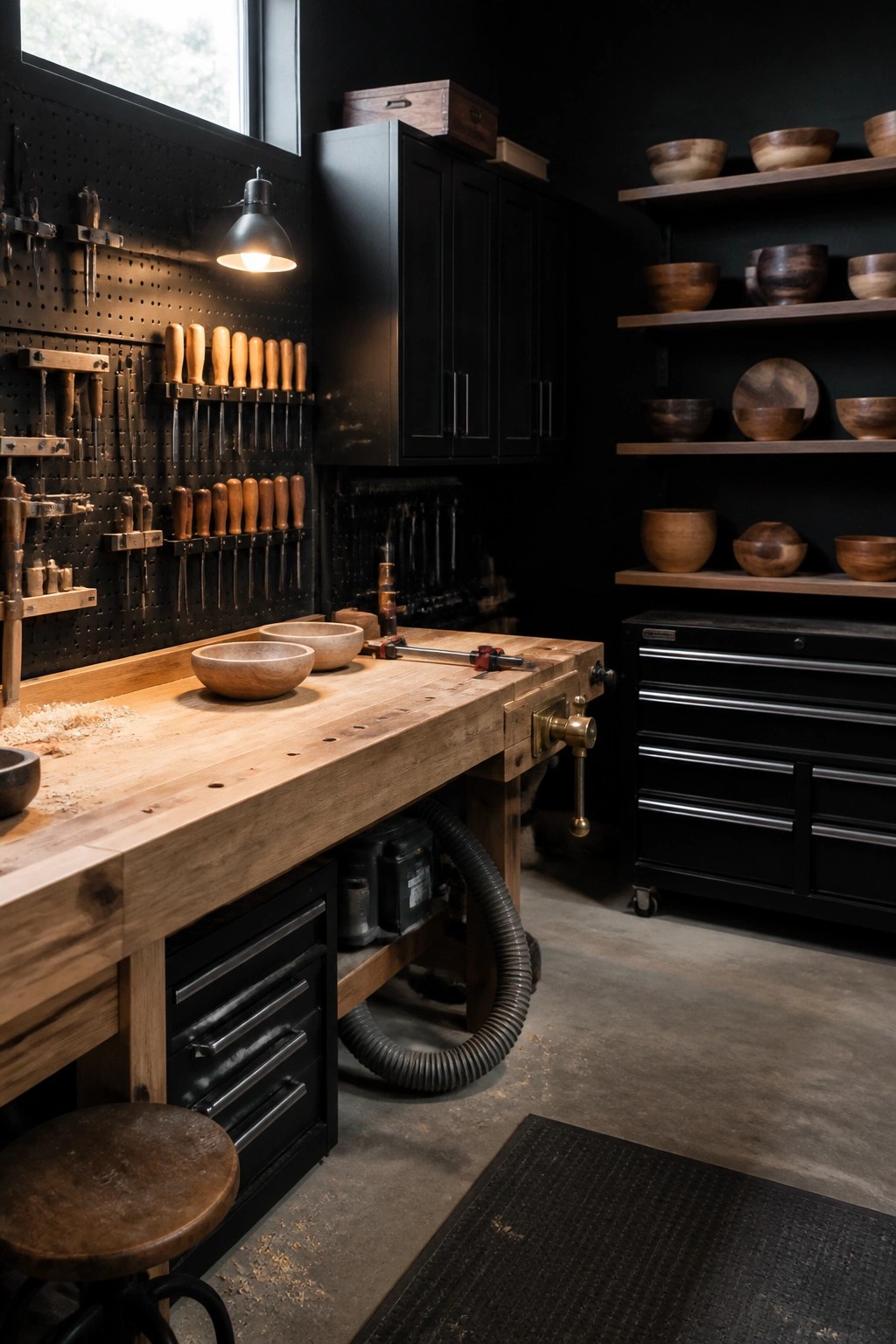 A workshop interior featuring a large wooden workbench with black storage cabinets below, a pegboard wall with tools, and wooden bowls on nearby shelves.