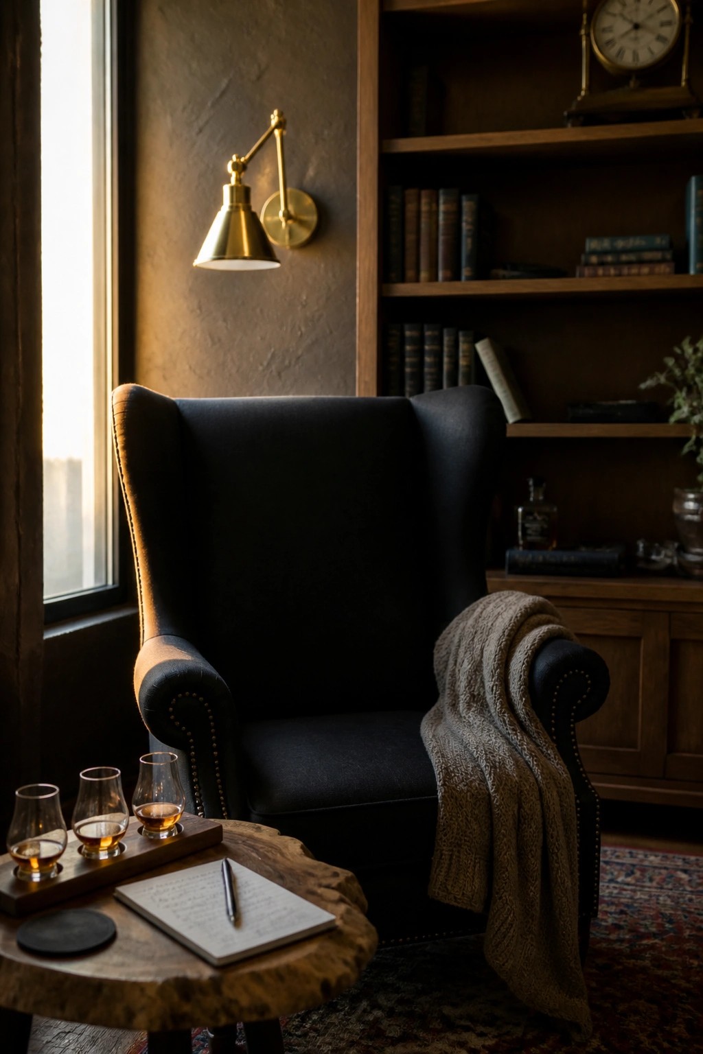 A black wingback armchair faces wooden built-in bookshelves with a wooden side table holding three whiskey glasses and an open notebook in front.