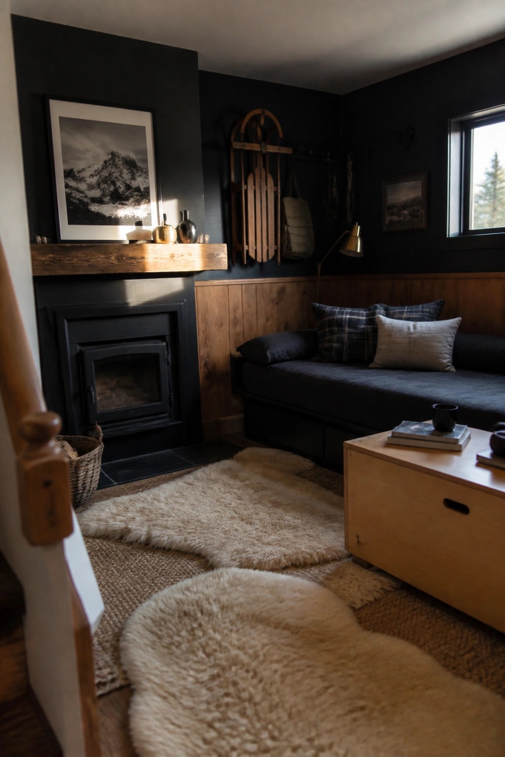 A room with matte black walls, a black fireplace with a wooden mantel, wood wainscoting, a dark daybed with pillows, and sheepskin rugs on the floor.