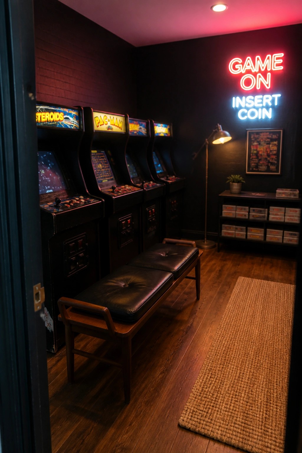 A game room with a row of arcade machines against matte black walls, a wooden bench in front, wood flooring, and a woven rug on the floor.