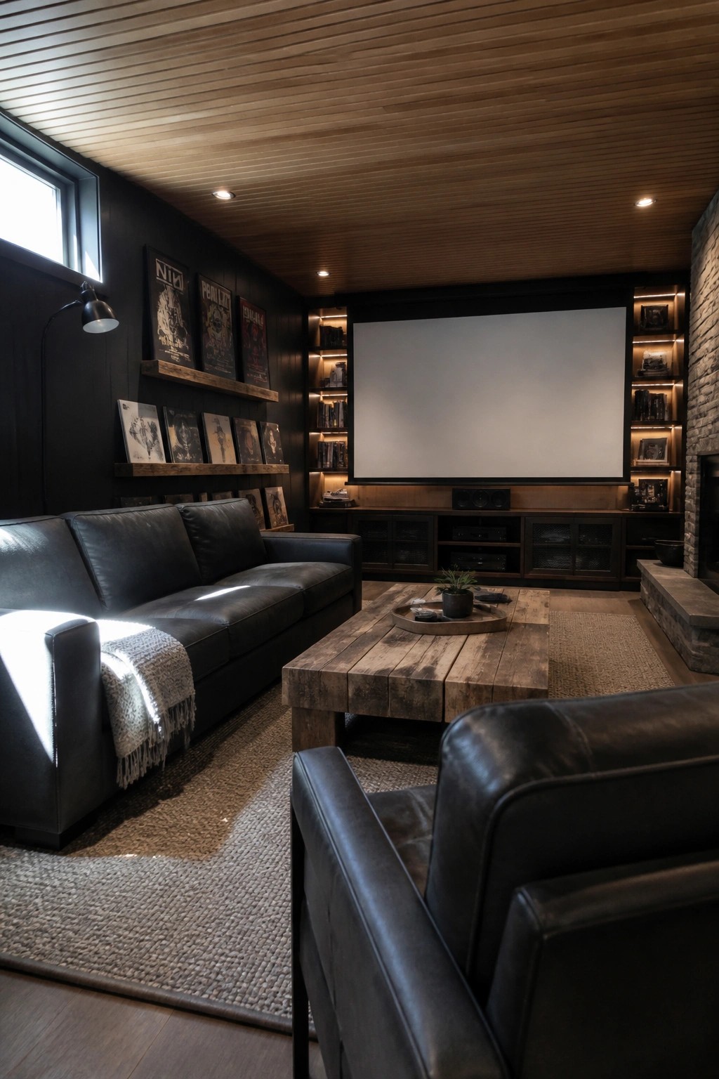 Interior view of a modern man cave with matte black walls, wood ceiling and shelving, black leather sofa, wooden coffee table, and large projection screen.