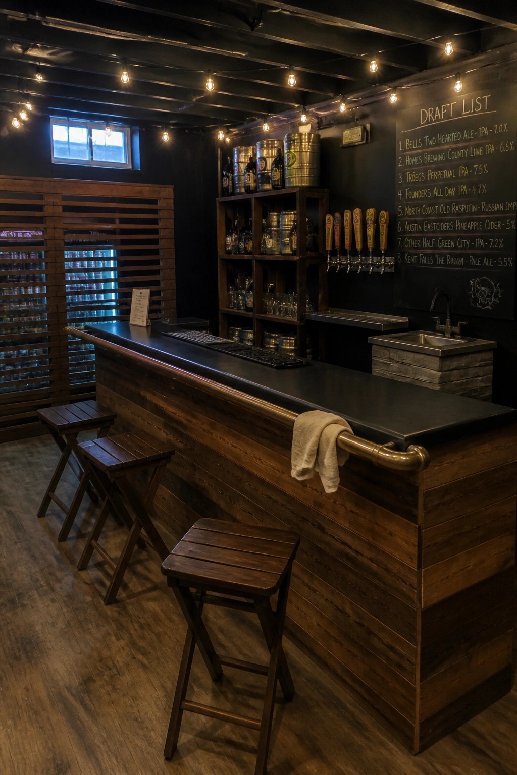 A home bar with a black countertop, wood-paneled front, and three wooden stools in front of black walls with a chalkboard draft list.