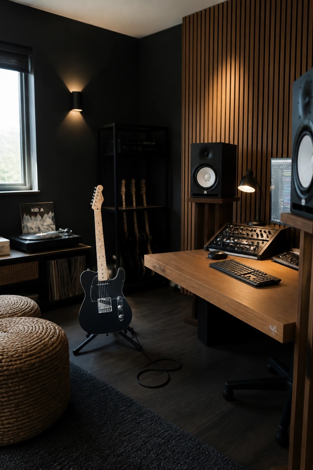 A modern interior room with matte black walls, a wooden desk holding audio equipment, a black electric guitar on a stand, studio speakers, and woven seating on a dark rug.