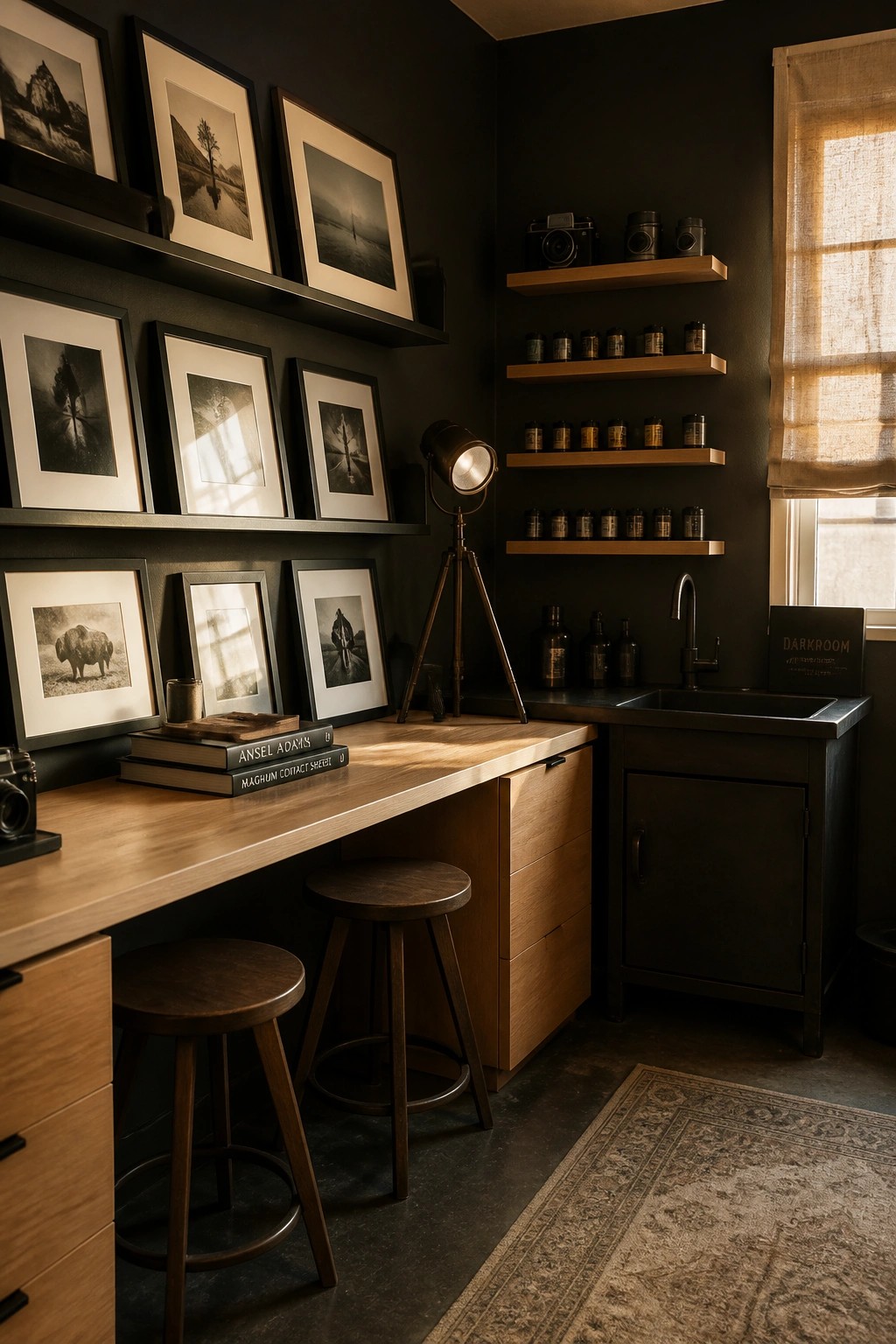 A room with matte black walls featuring a long wooden desk, two wooden stools, framed black and white photos on floating shelves, a tripod lamp, and a sink area with additional wooden shelves holding small containers.