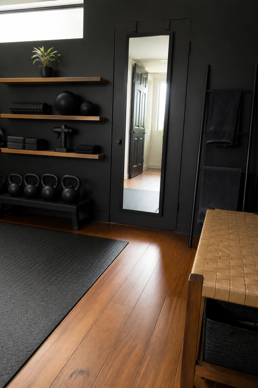 Interior view of a home gym with matte black walls, wooden flooring and shelves, black fitness equipment including kettlebells and a foam roller, and a black door with a full-length mirror.