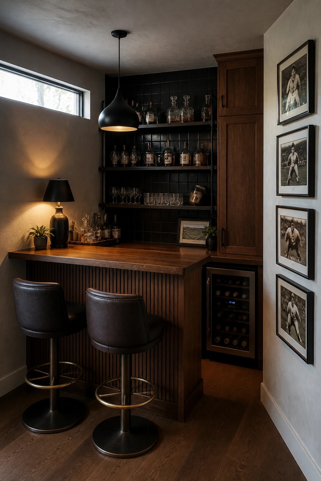 Modern home bar with wooden counter, leather stools, liquor shelves, and framed photos.