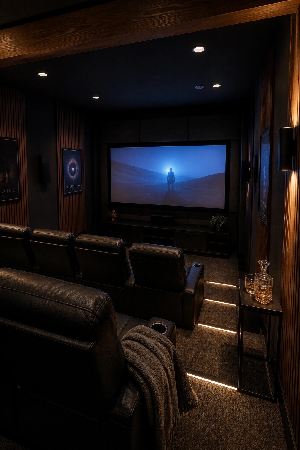 Dark home theater with leather recliners, large screen showing sci-fi desert scene, and whiskey decanter.