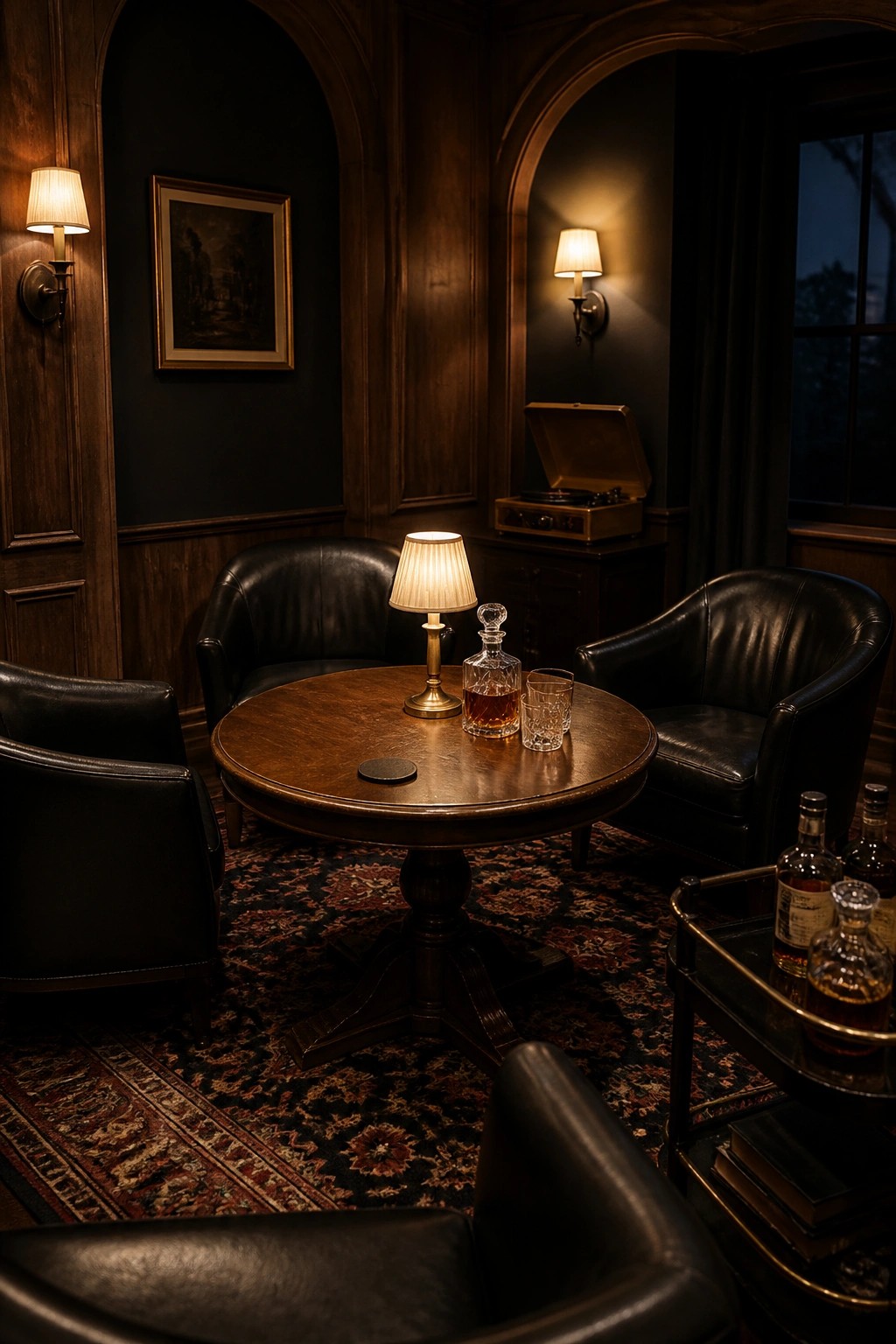 A dimly lit room with dark wood paneling, four black leather armchairs around a round wooden table holding a lamp and decanter, and a record player in the background.
