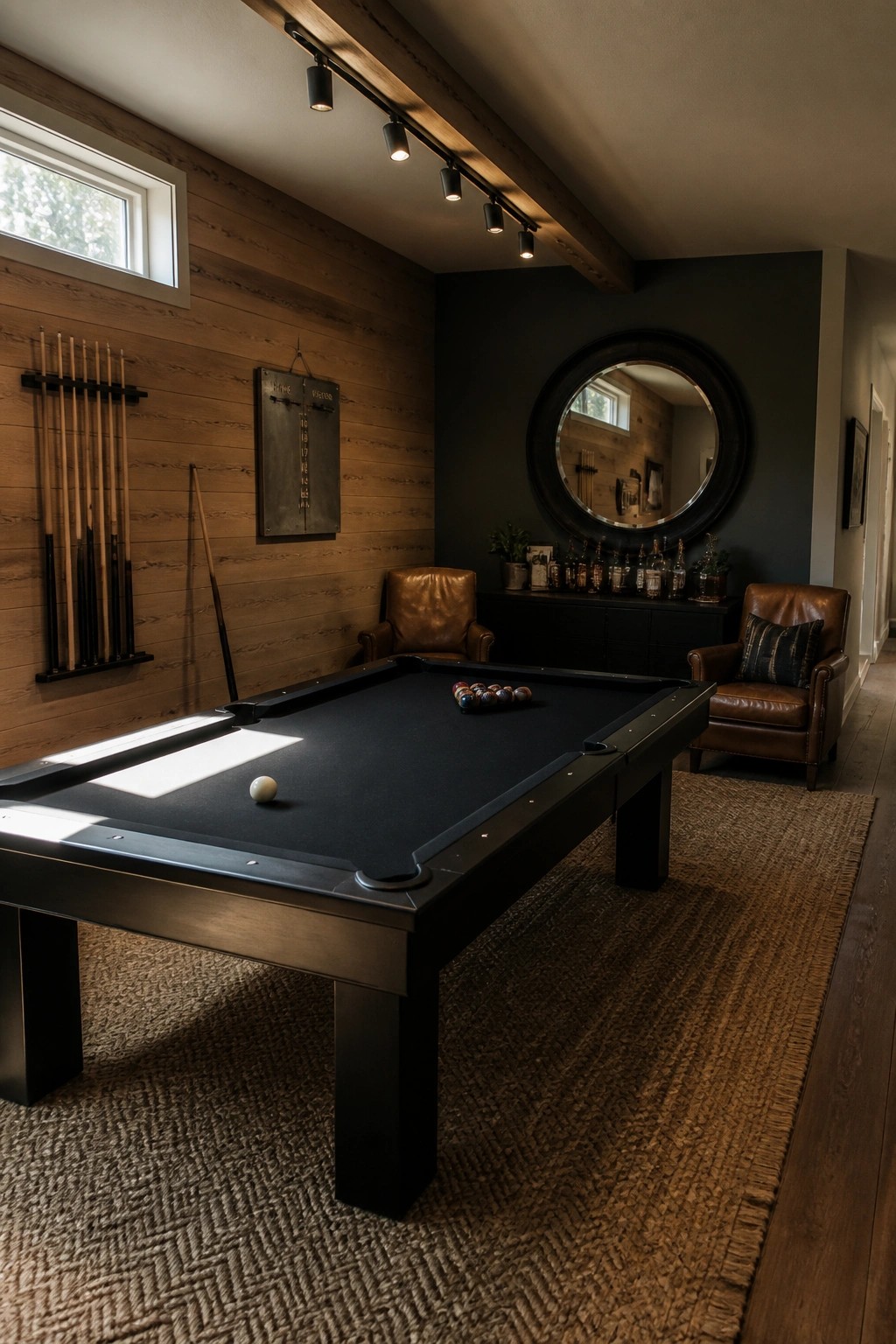 A black pool table sits on a woven rug in a room with wood walls, leather chairs, a round mirror, and a cue rack.