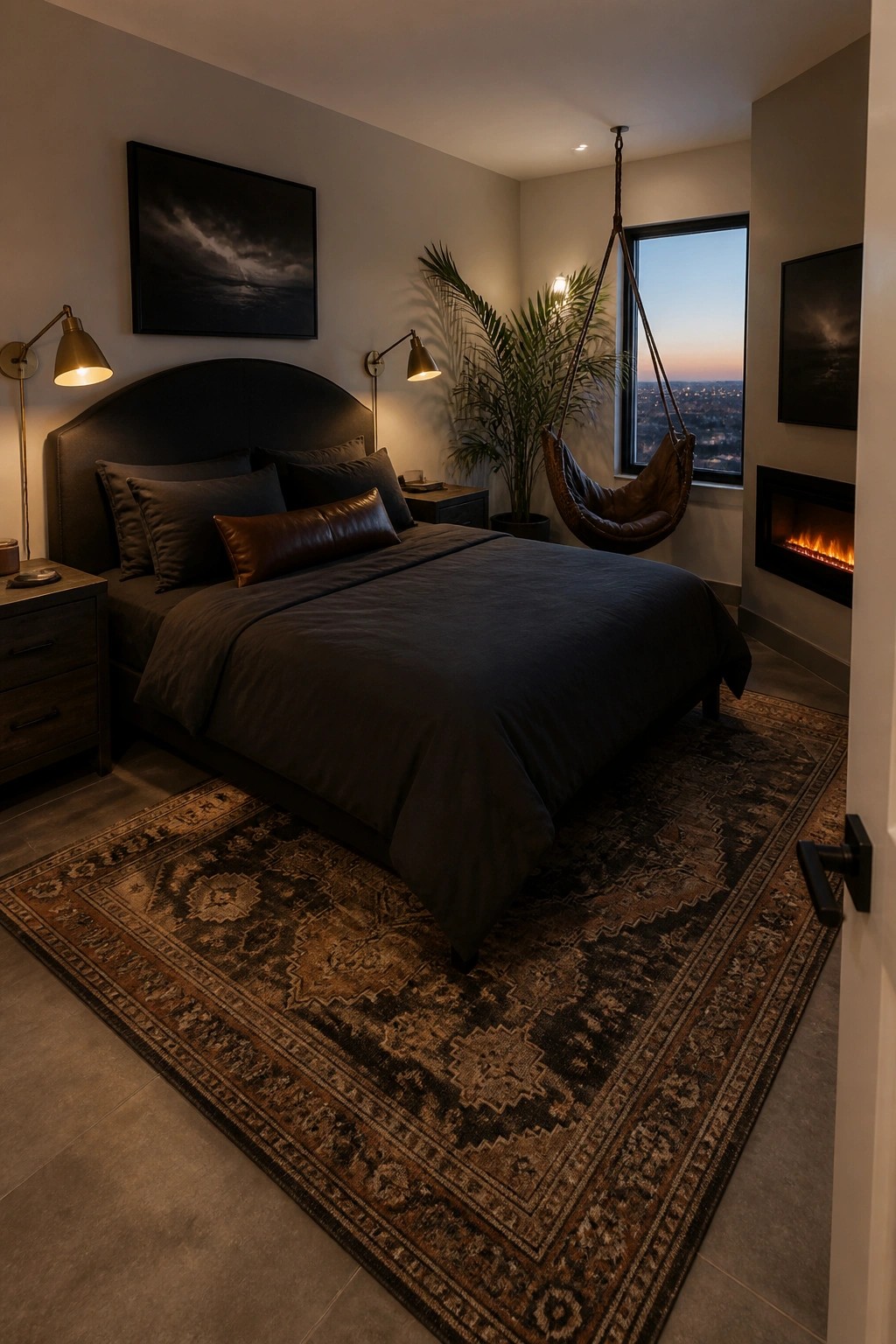 A dimly lit bedroom with a large dark bed, patterned rug, hanging leather chair by the window, wall-mounted fireplace, and two bedside lamps.