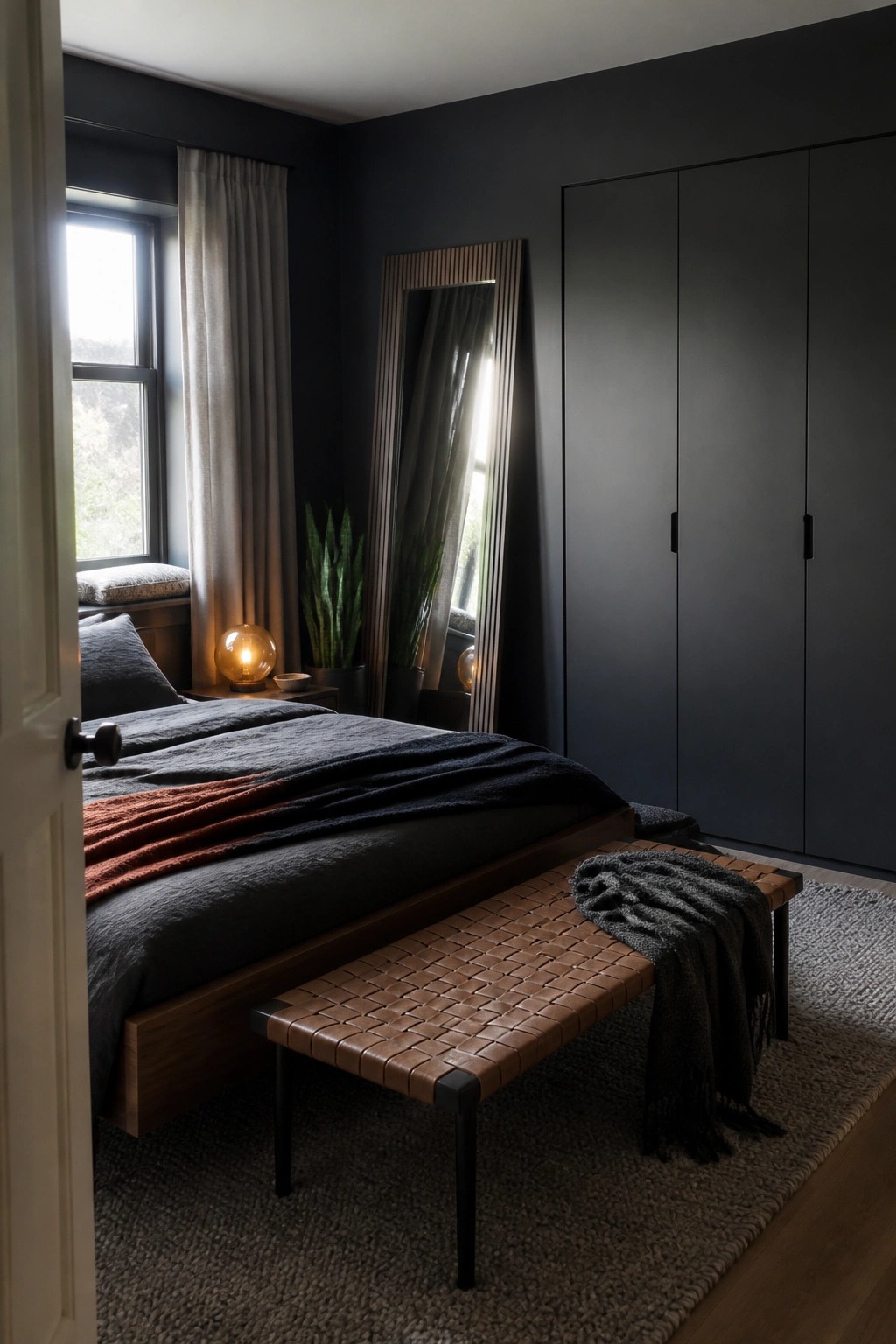 A dark masculine bedroom featuring a bed with gray and rust bedding, a woven leather bench at the foot of the bed, a tall mirror, and built-in dark wardrobes.