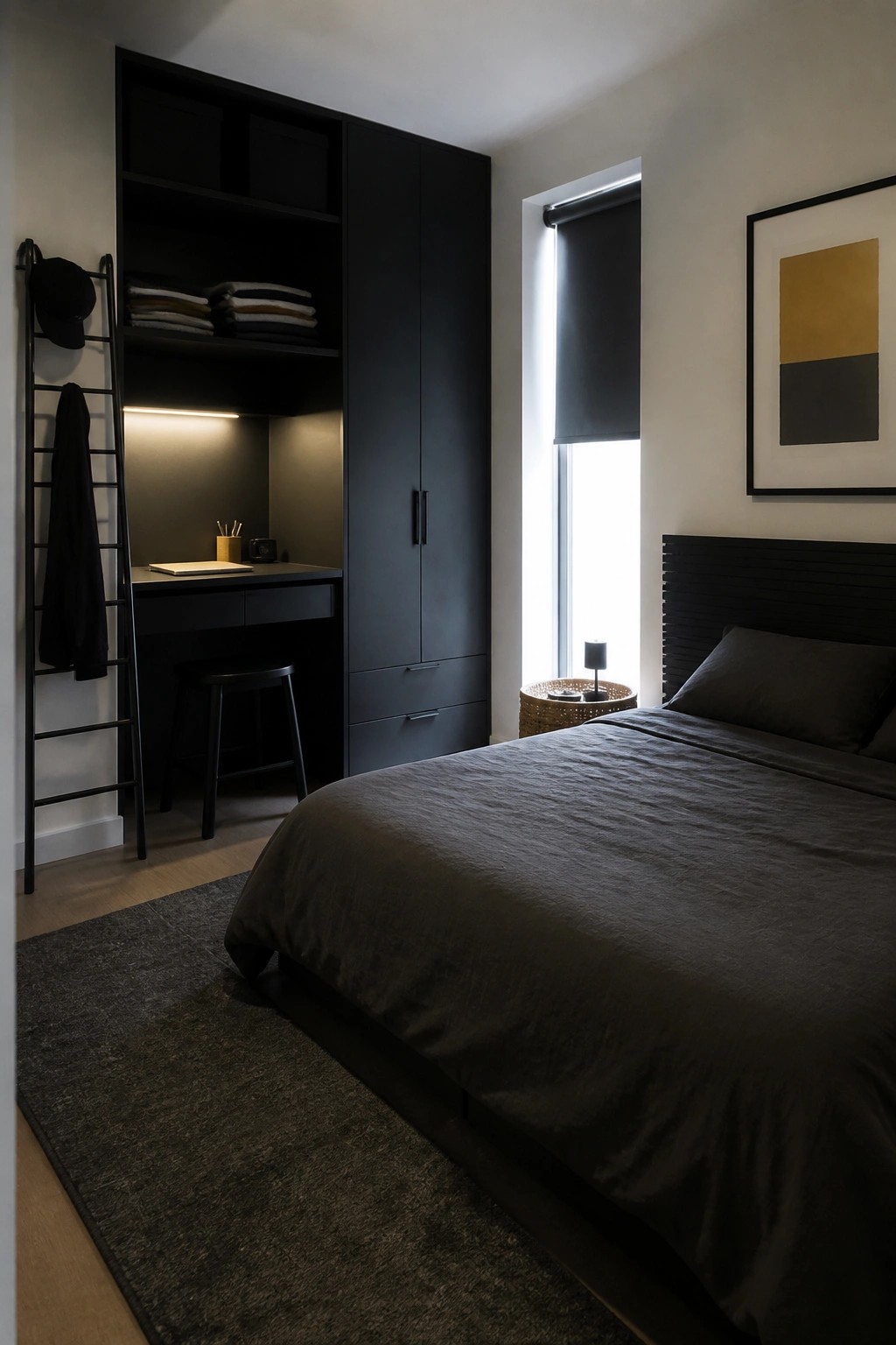 A bedroom featuring a tall black built-in cabinet unit with open shelves above a desk nook, a stool, and a bed with dark bedding.