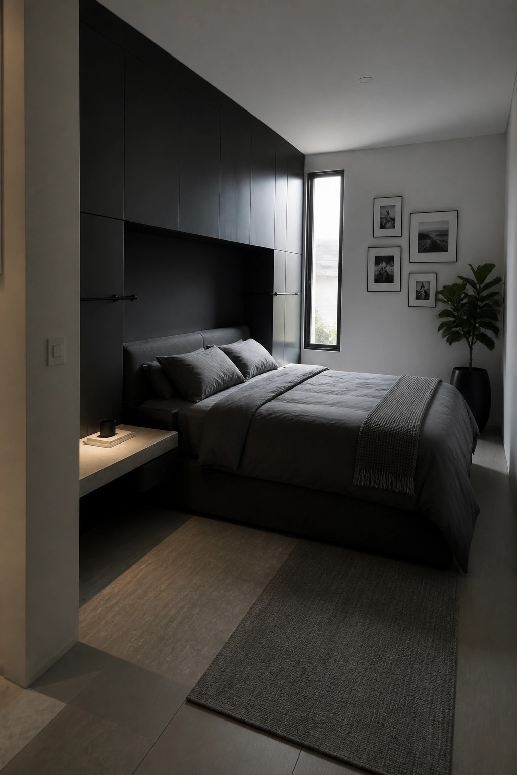 Minimalist dark bedroom with gray bed, black cabinets, tall window, framed art, and plant.