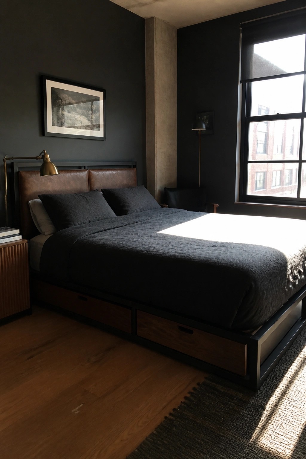 A bedroom with a dark platform bed that has multiple wooden storage drawers built into the base, set against dark walls with sunlight coming through a large window.