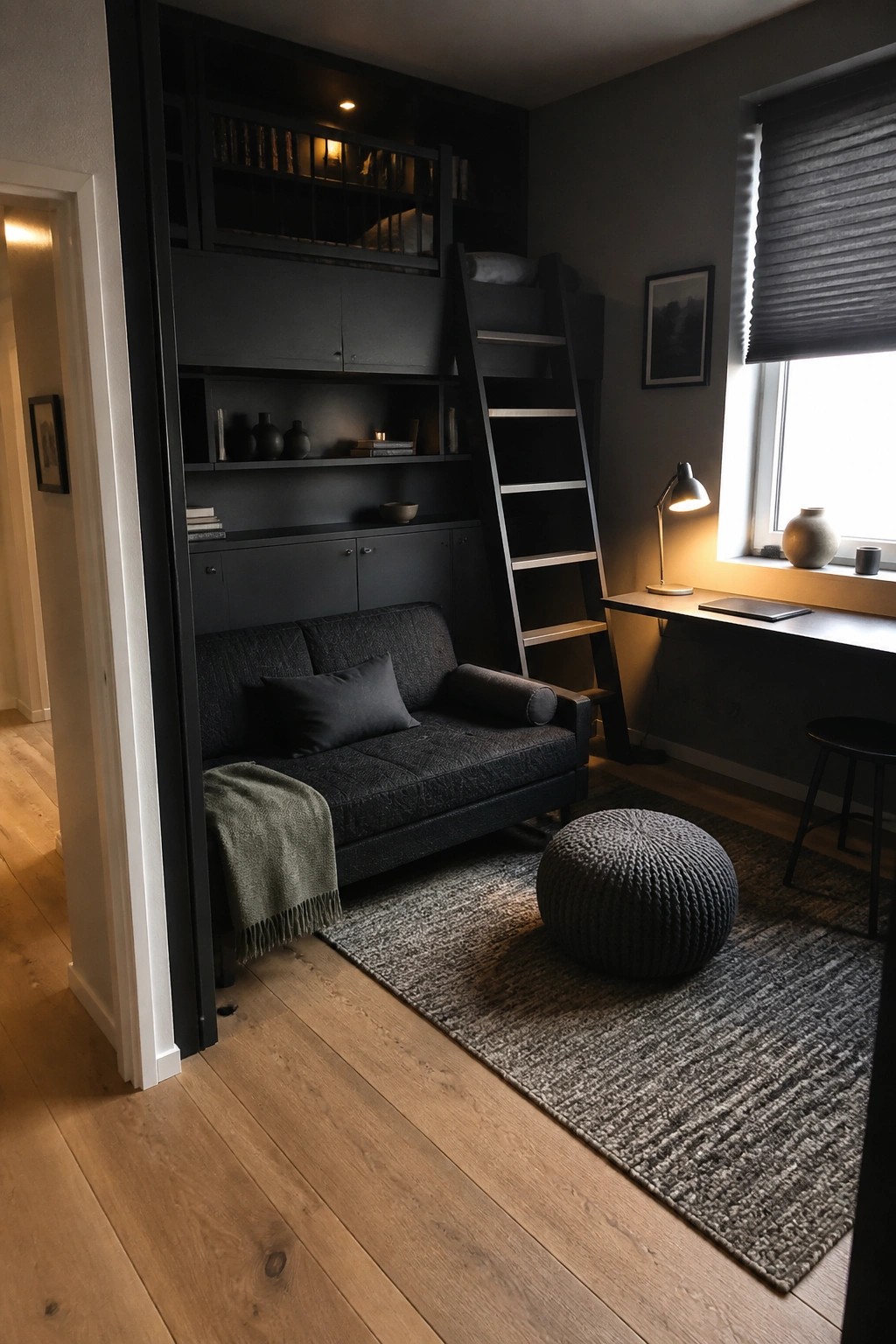 Dark bedroom interior with a black built-in loft bed and ladder, sofa below the loft, open shelving, and a desk next to a window.